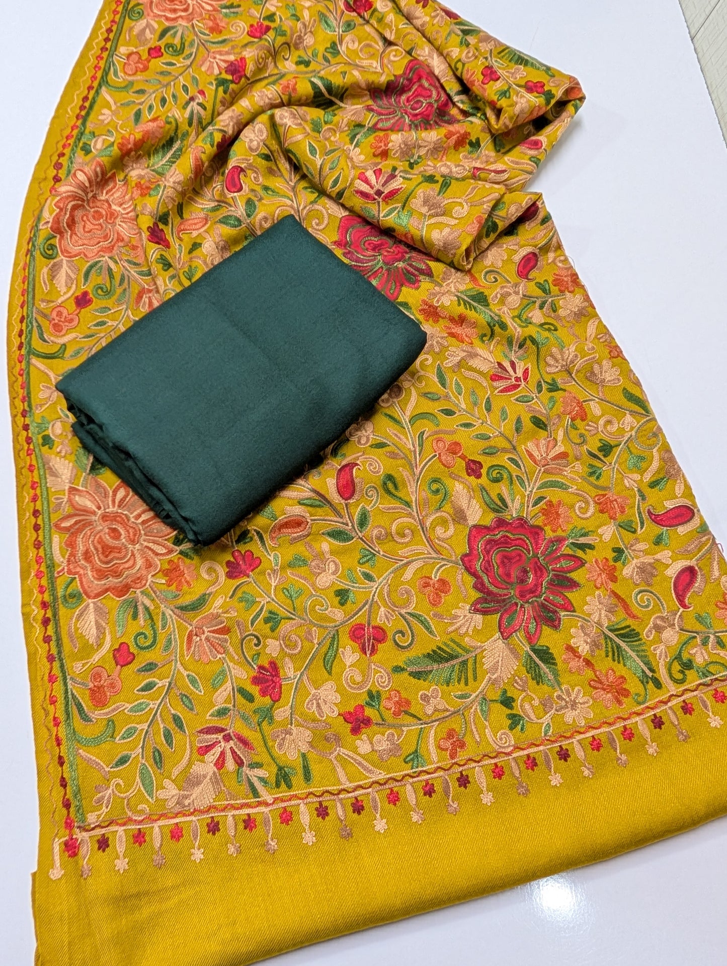 Pashmina 3 Piece Suit | Full Embroidered Gulabkar Shawl with Plain Suit Marina | Mustard