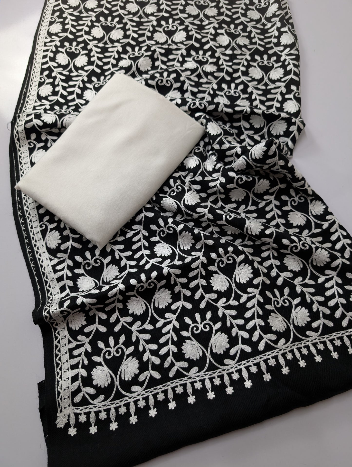 Pashmina 3 Piece Suit | Embroidered Shawl with Plain Suit Marina