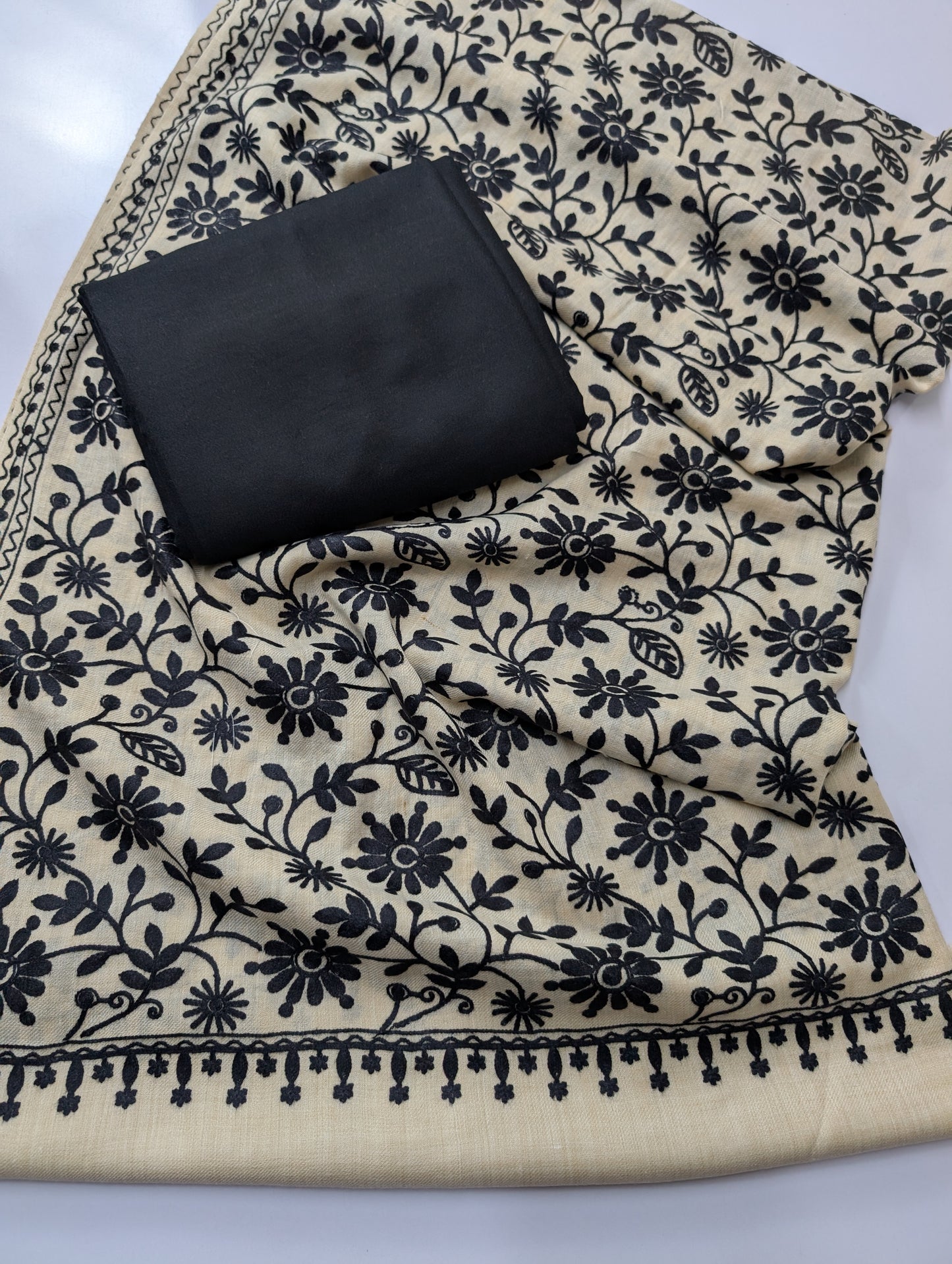 Pashmina 3 Piece Suit | Embroidered Shawl with Plain Suit Marina