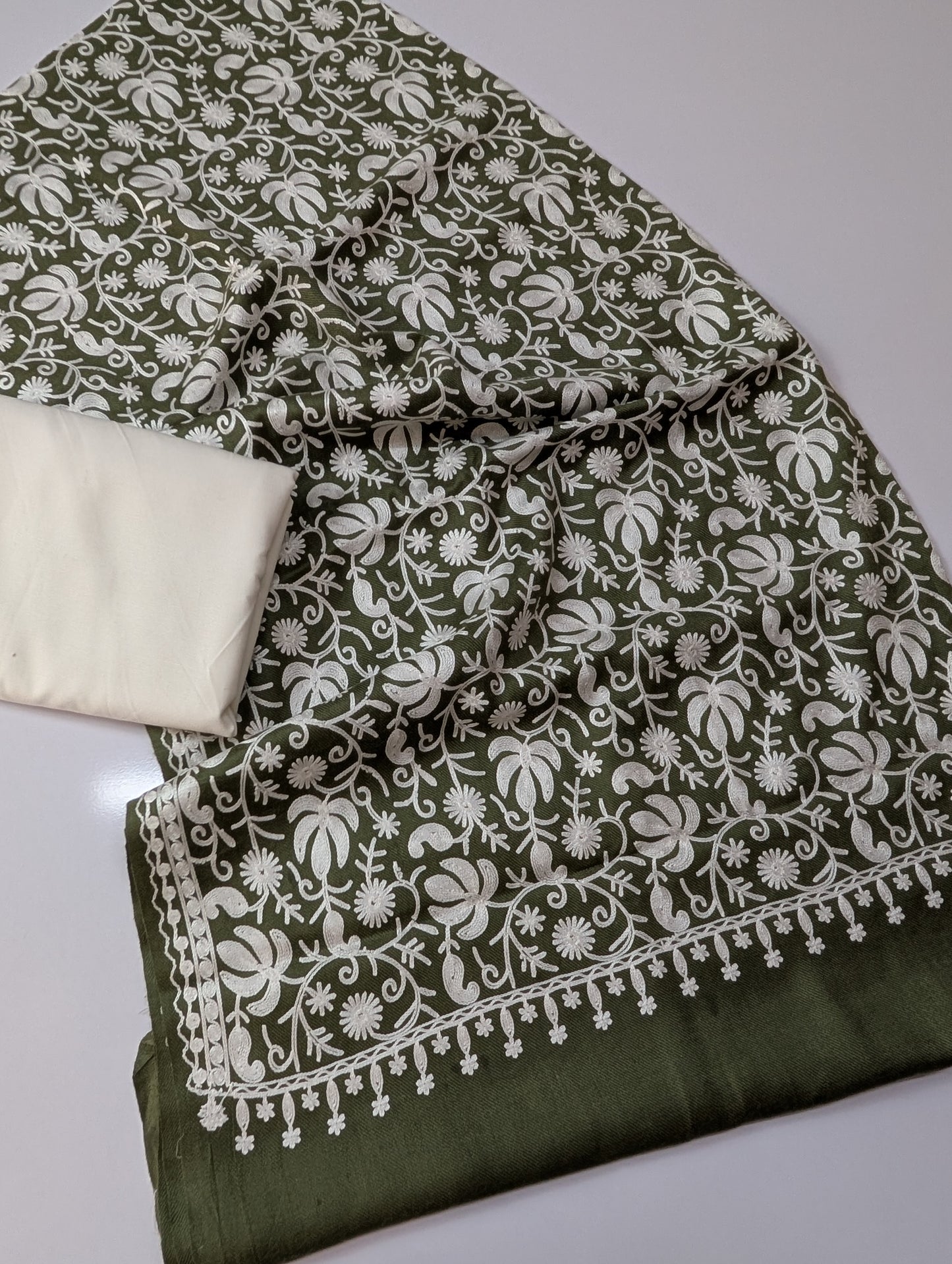 Pashmina 3 Piece Suit | Embroidered Shawl with Plain Suit Marina