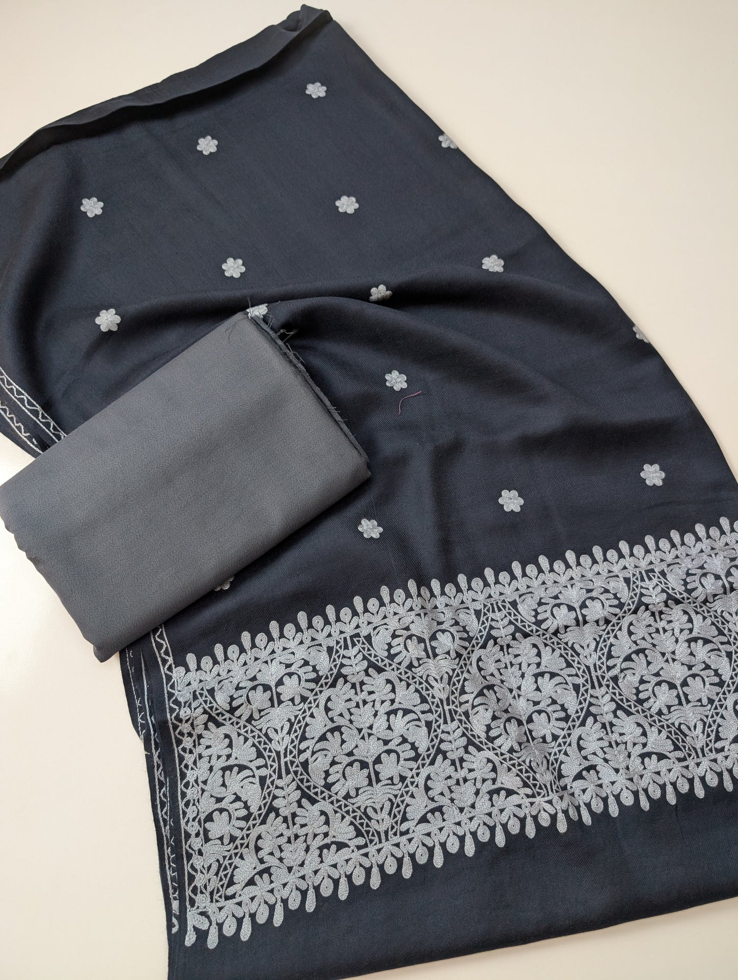 Pashmina 3 Piece Suit | Embroidered Shawl with Plain Suit Marina