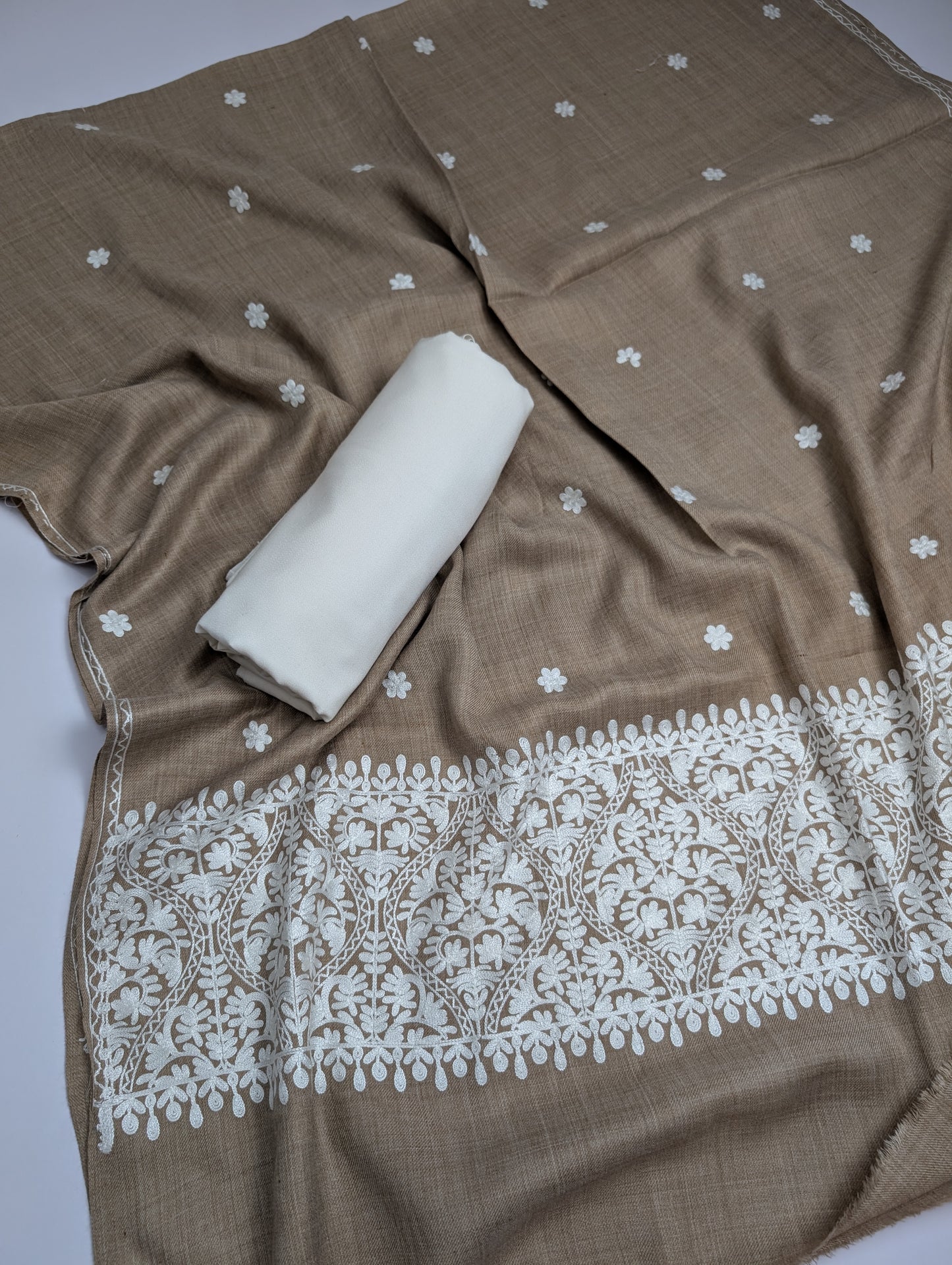 Pashmina 3 Piece Suit | Embroidered Shawl with Plain Suit Marina