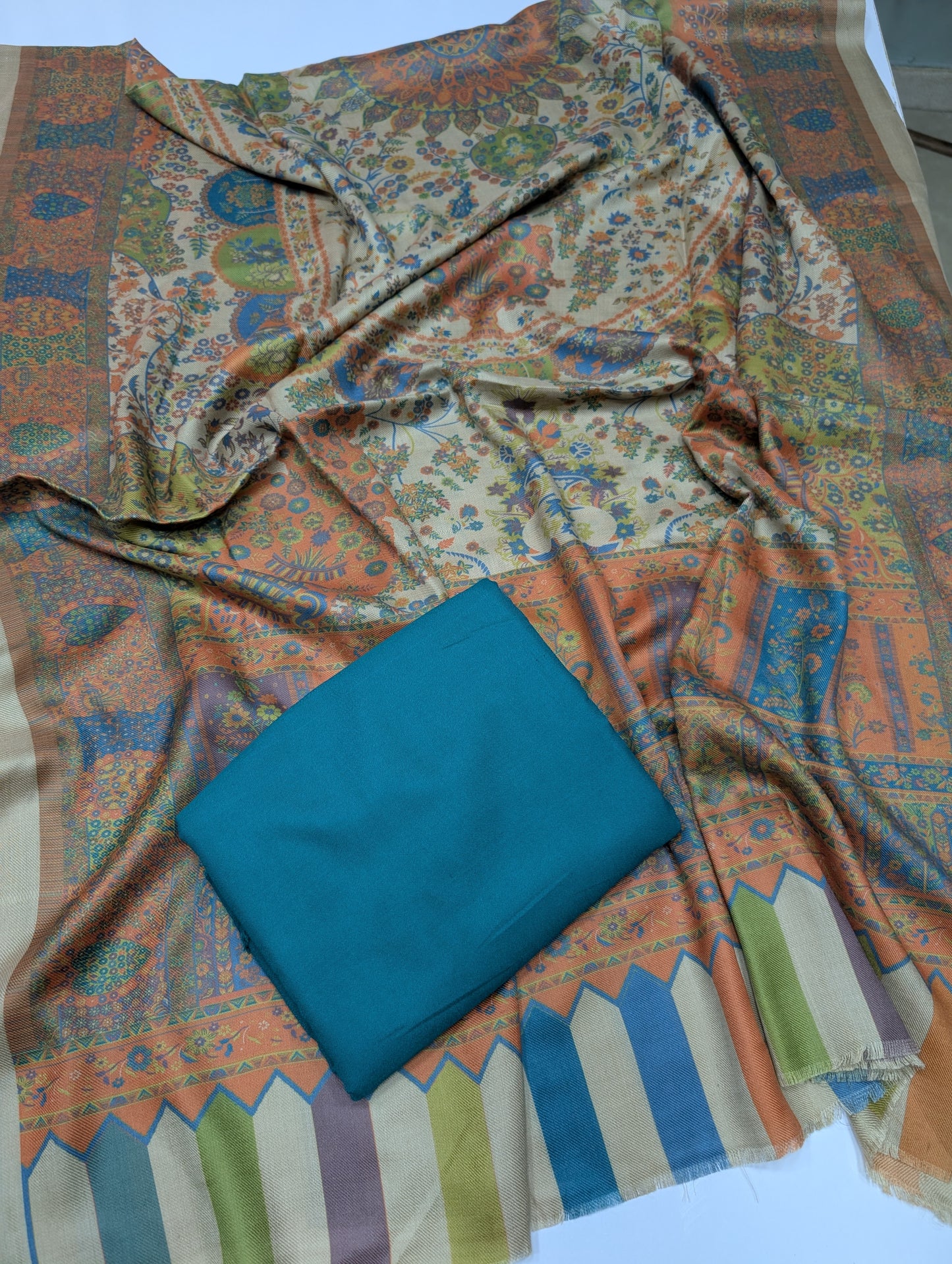 Pashmina 3 Piece Suit | Printed Pashmina Shawl with Marina Plain Suit Perfect Winter Suit