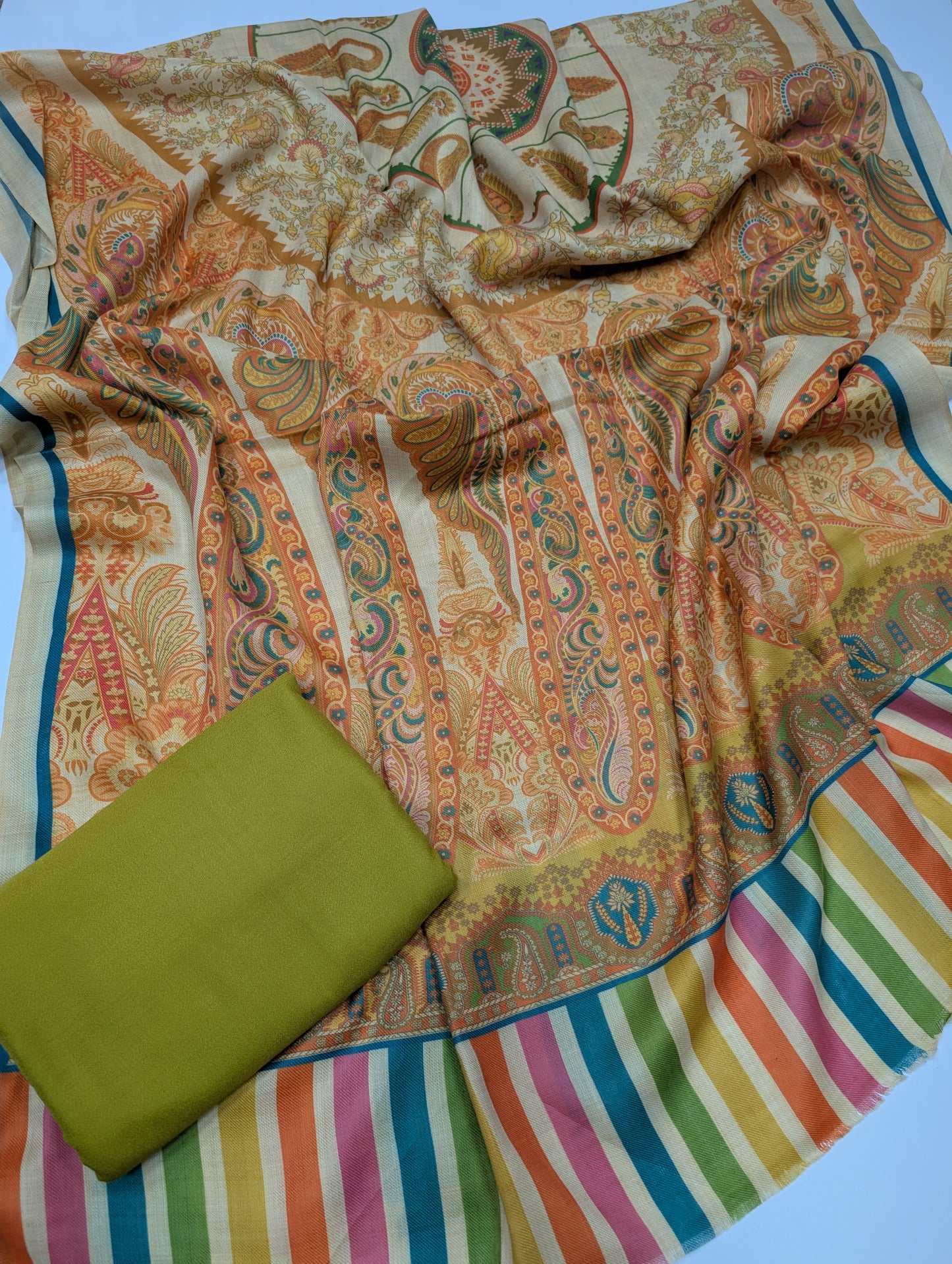 Pashmina 3 Piece Suit | Printed Pashmina Shawl with Marina Plain Suit Perfect Winter Suit