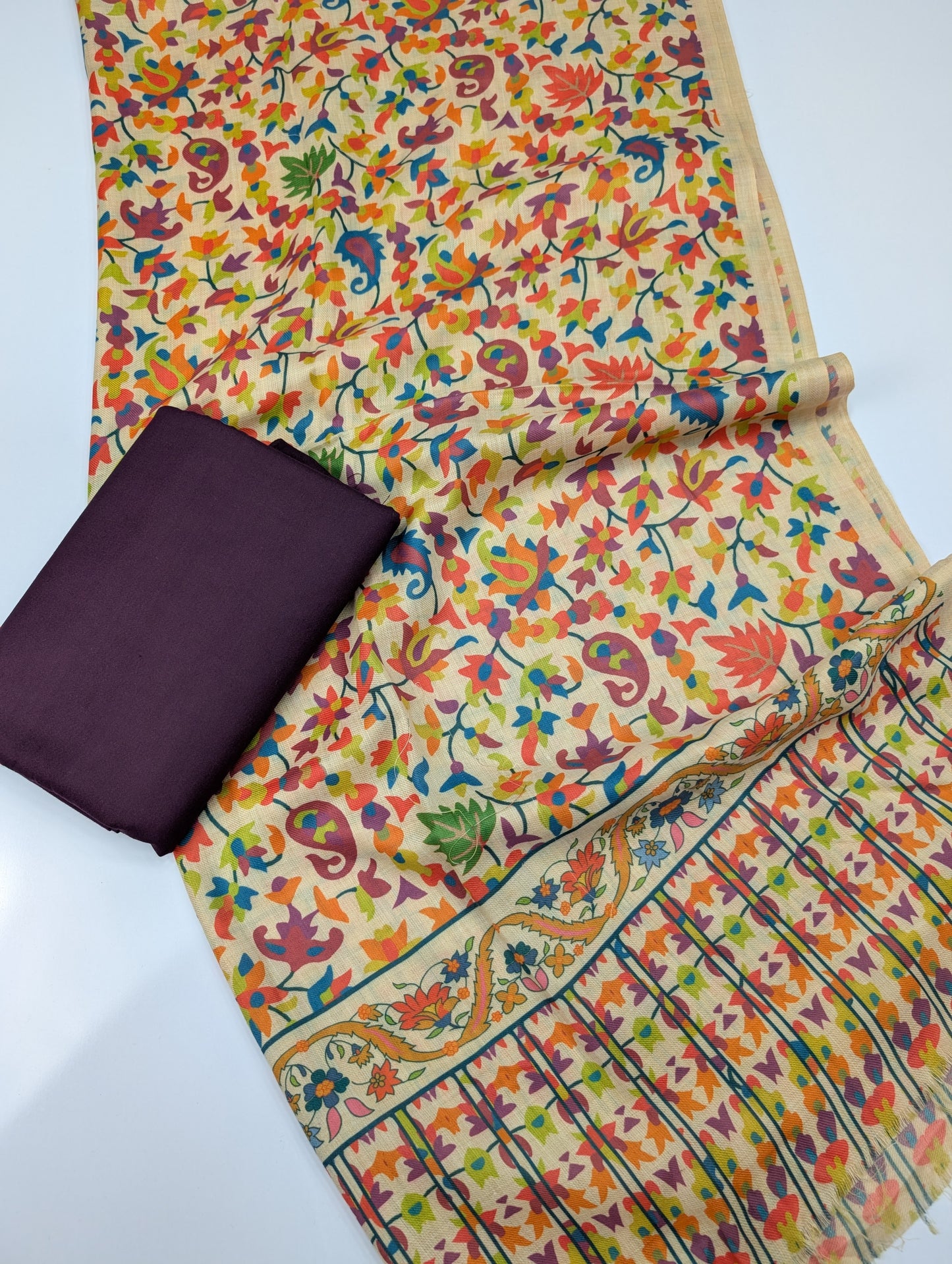 Pashmina 3 Piece Suit | Printed Pashmina Shawl with Marina Plain Suit Perfect Winter Suit