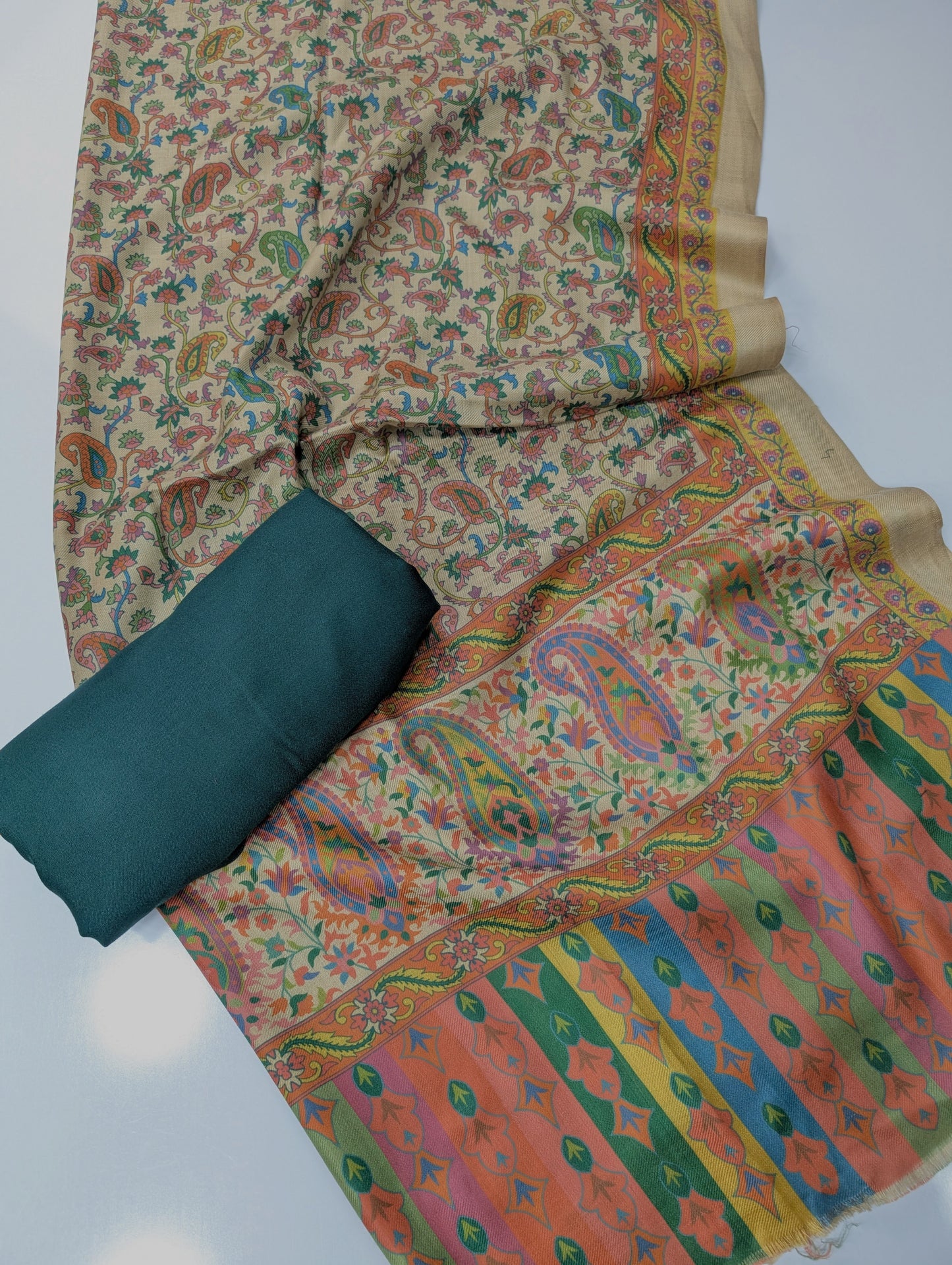 Pashmina 3 Piece Suit | Printed Pashmina Shawl with Marina Plain Suit Perfect Winter Suit