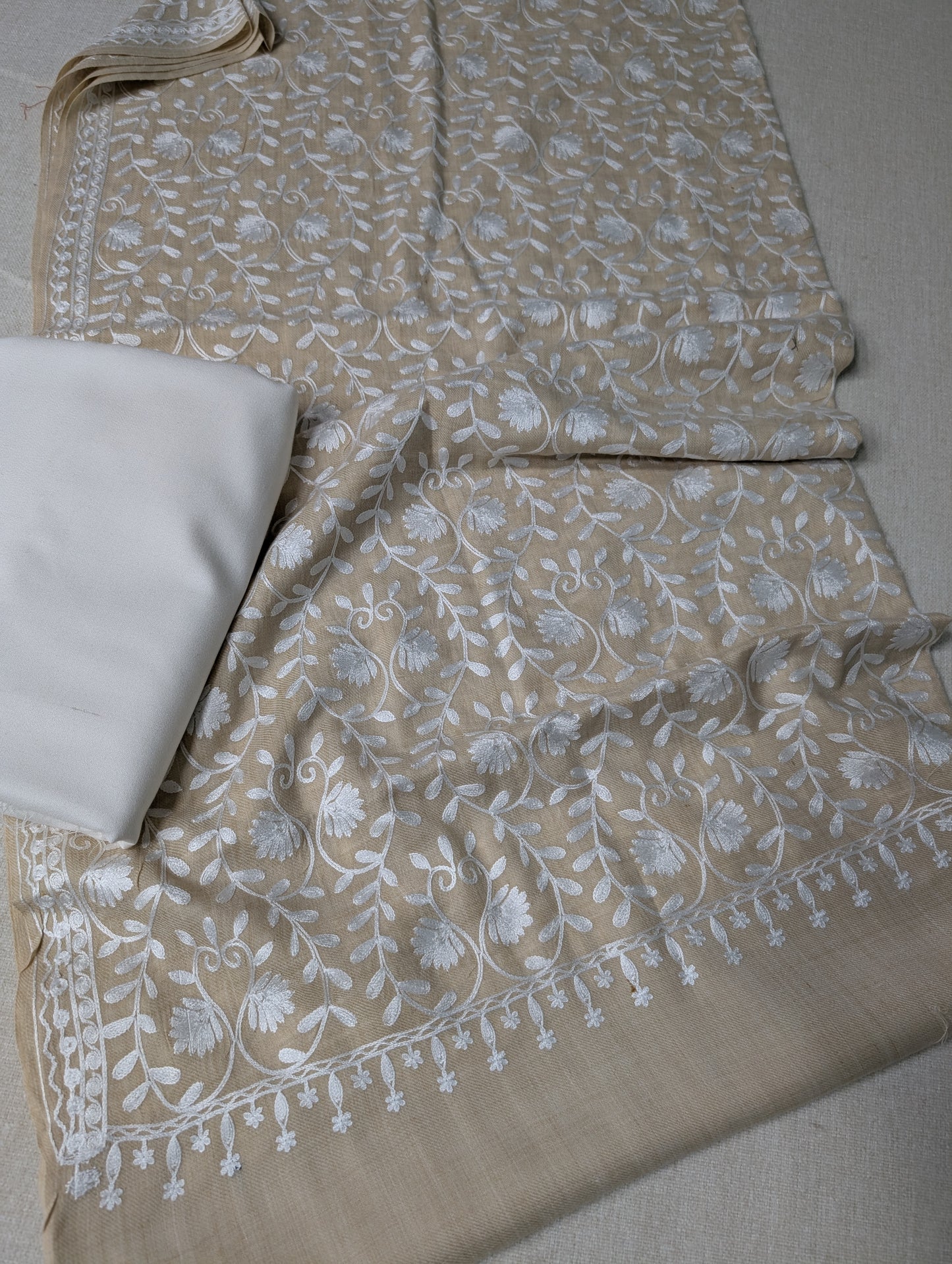 Pashmina 3 Piece Suit | Embroidered Shawl with Plain Suit Marina