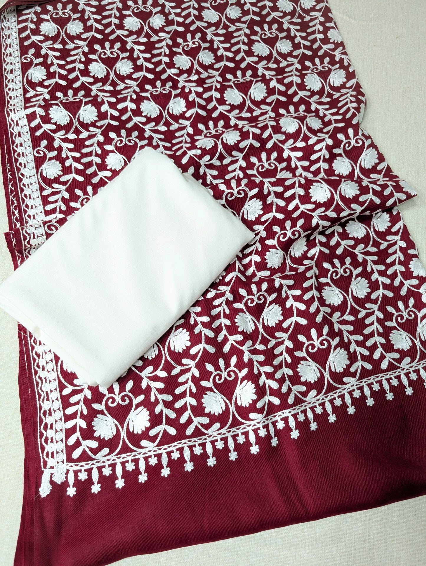 Pashmina 3 Piece Suit | Embroidered Shawl with Plain Suit Marina