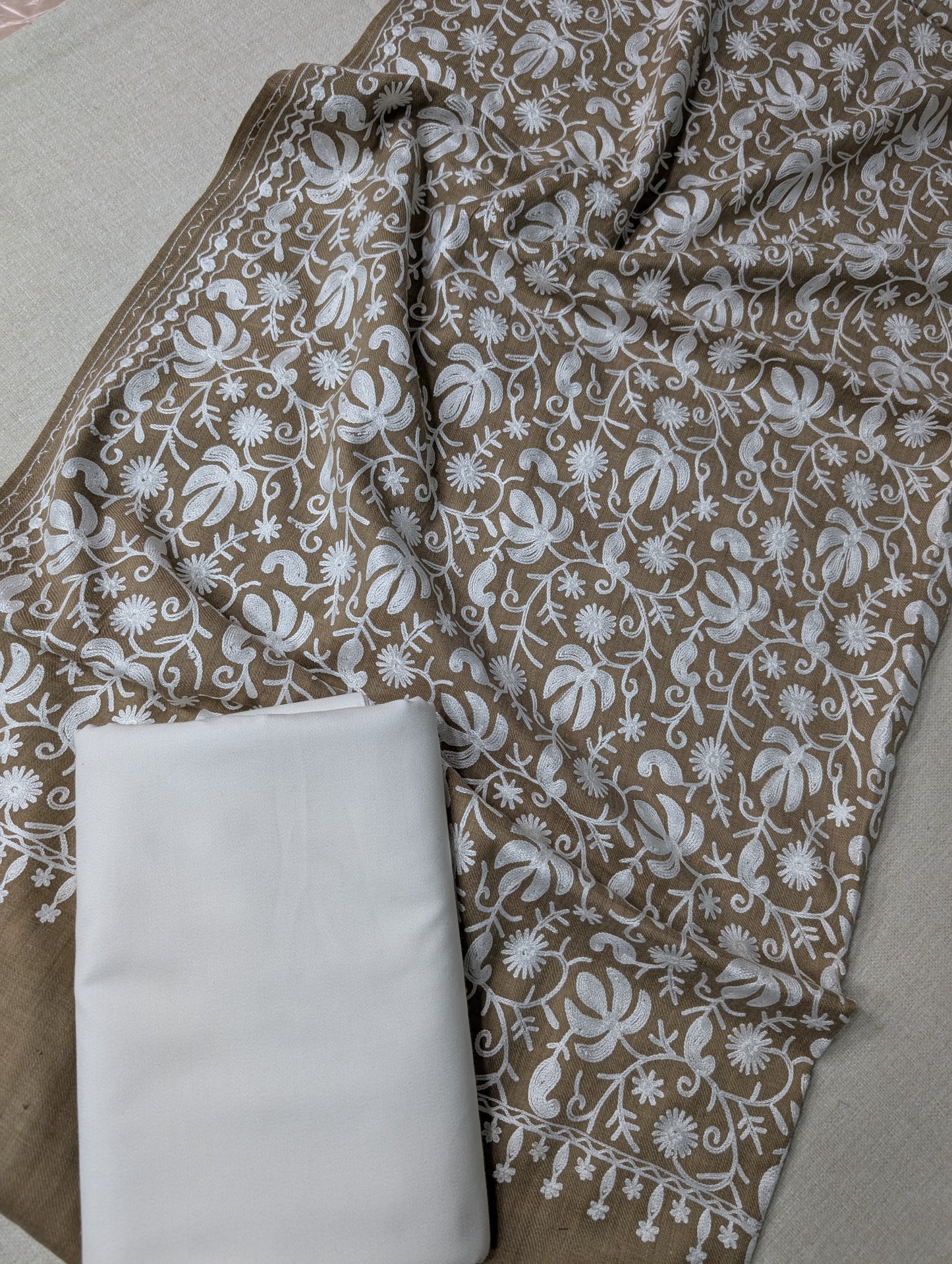 Pashmina 3 Piece Suit | Embroidered Shawl with Plain Suit Marina