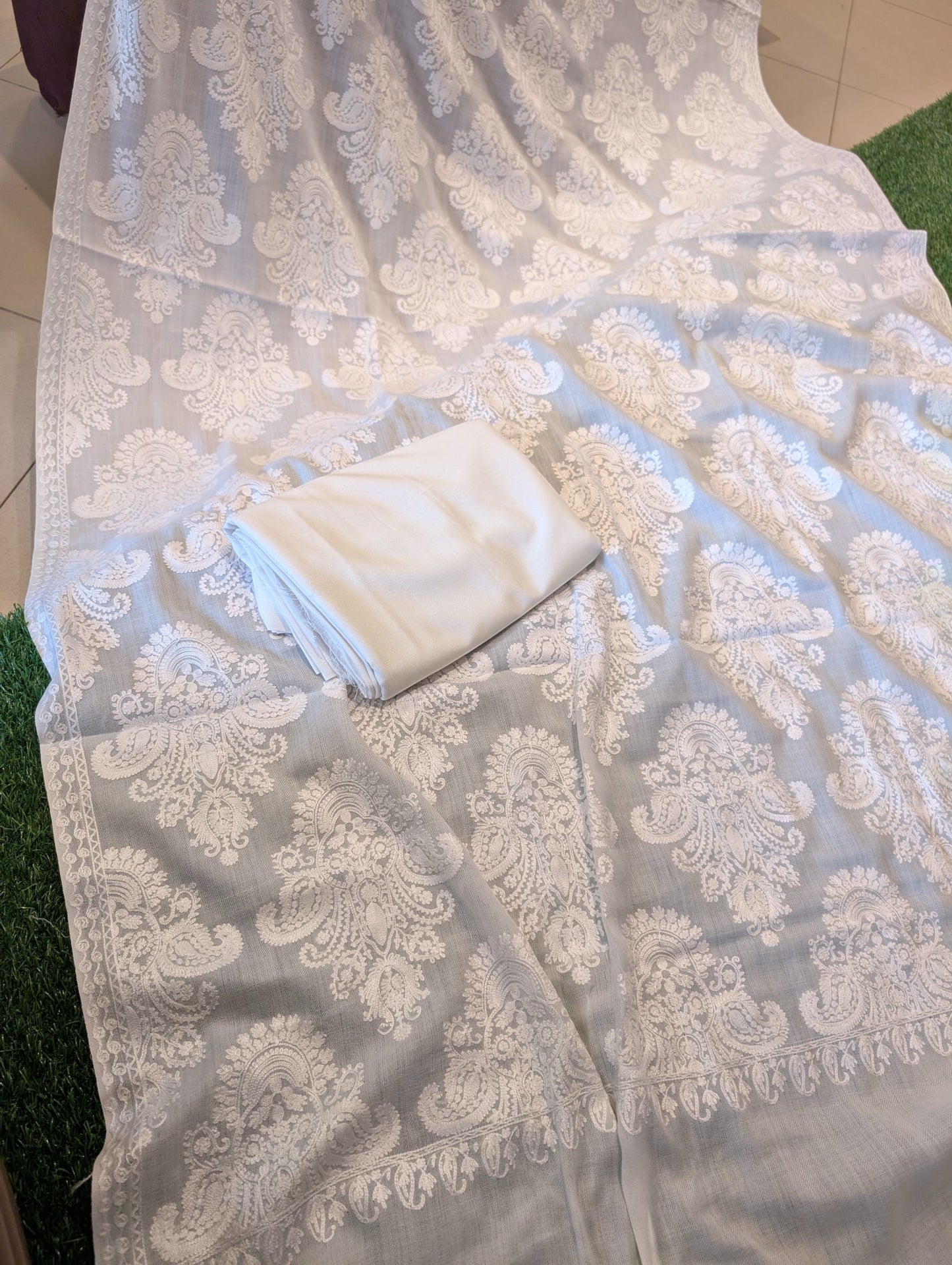 Pashmina 3 Piece Suit | Embroidered Shawl with Plain Suit Marina | White