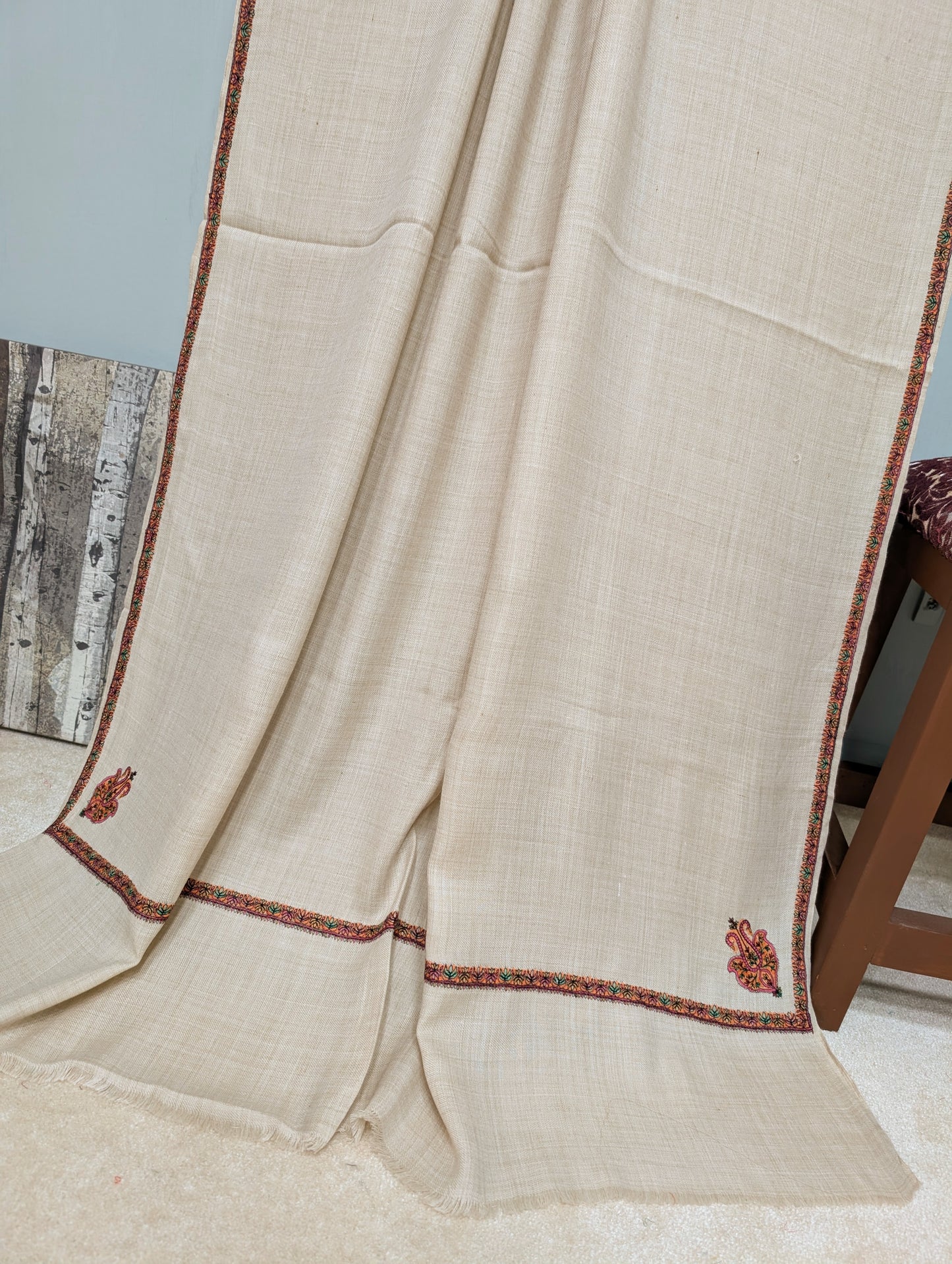 Kingri Border Embroidered Pure Pashmina Shawl Best Selling Shawl Perfect Gift | Light Skin