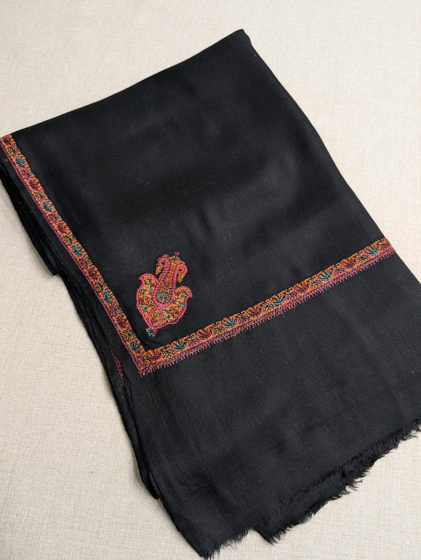Kingri Border Embroidered Pure Pashmina Shawl Best Selling Shawl Perfect Gift | Black