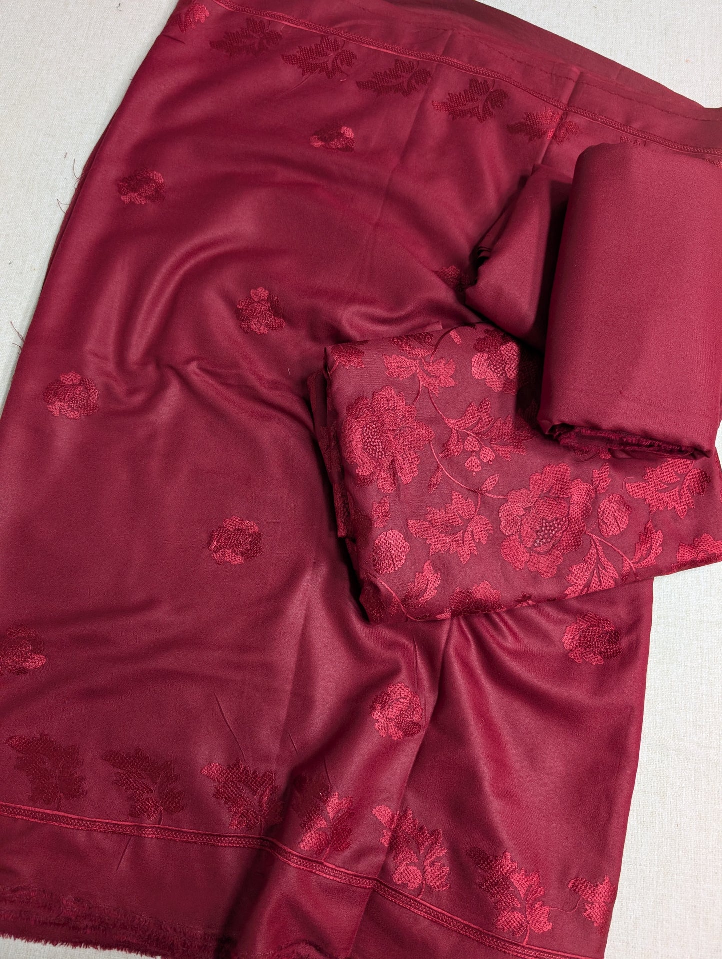 Marina 3 Piece Embroidered Suit Same on Same Embroidery Marina Shawl | Maroon