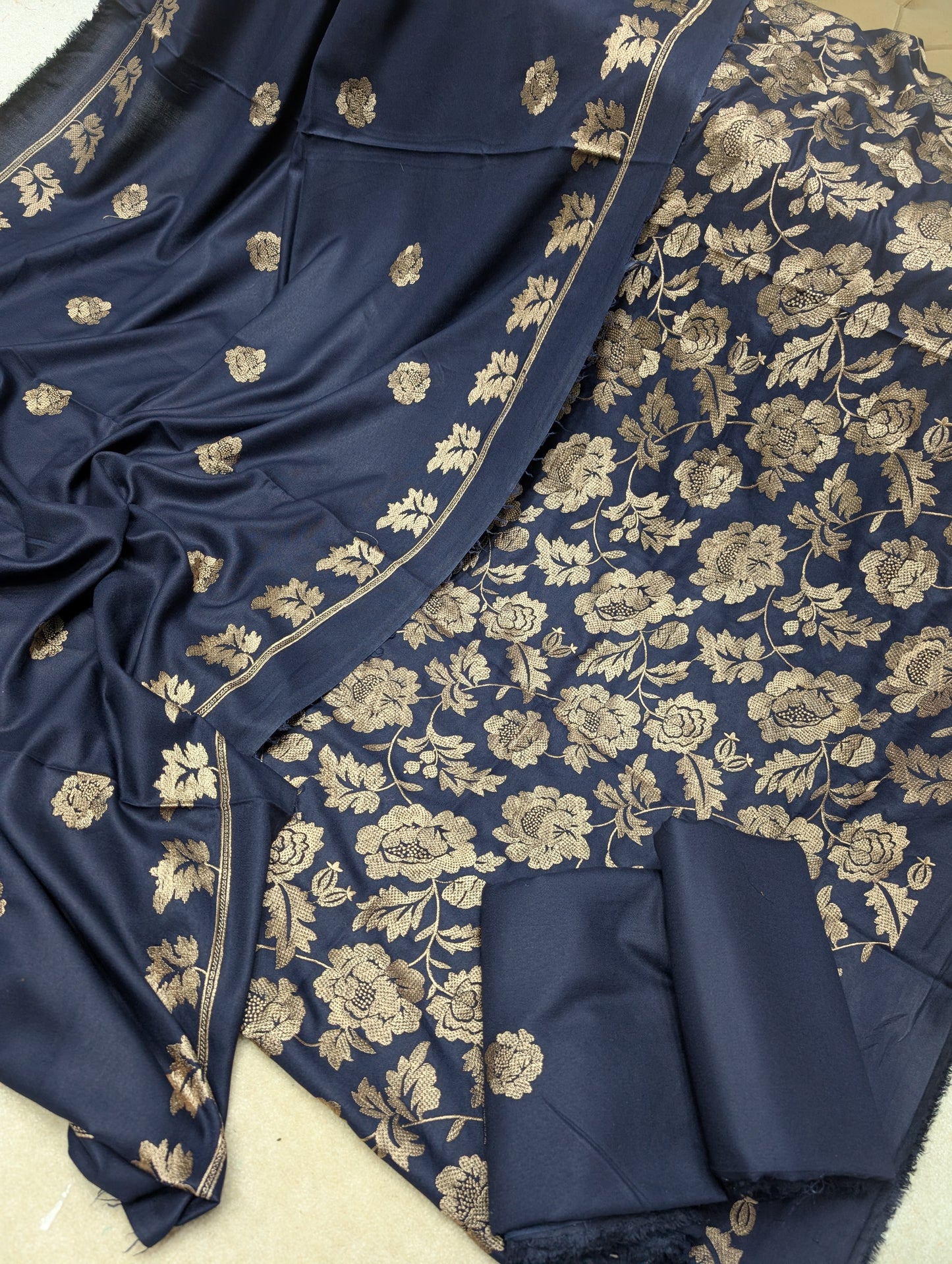 Marina 3 Piece Embroidered Suit Skin Embroidery Marina Shawl | Navy Blue