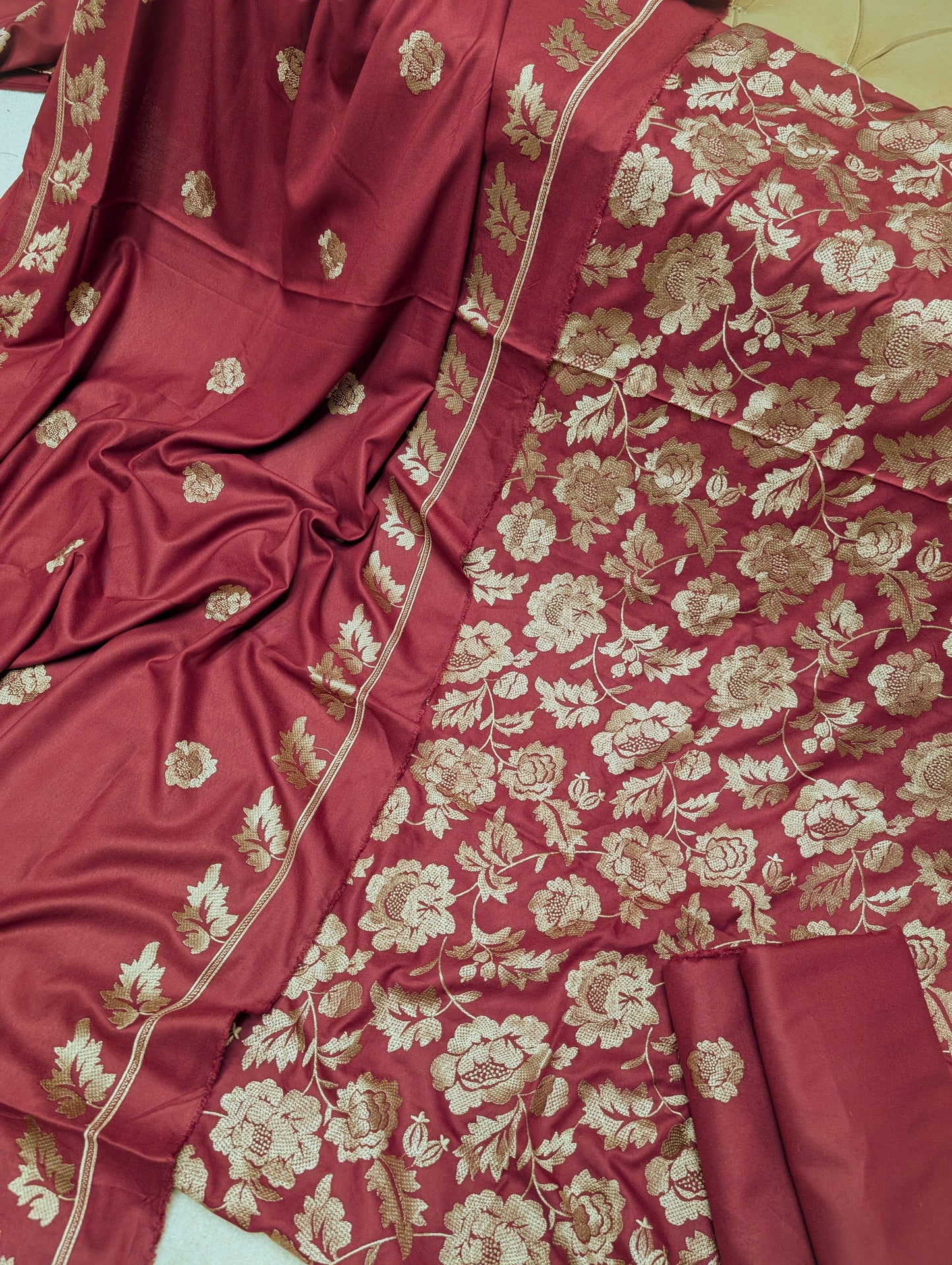 Marina 3 Piece Embroidered Suit Skin Embroidery Marina Shawl | Maroon
