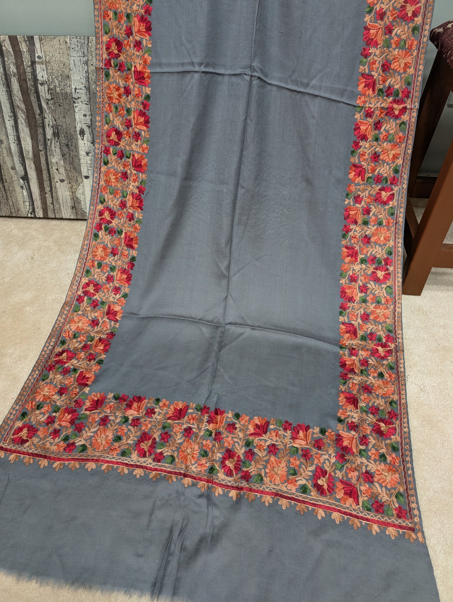 Pashmina Stole | Aari Border Embroidery 4 Side Border Perfect Gift | Grey