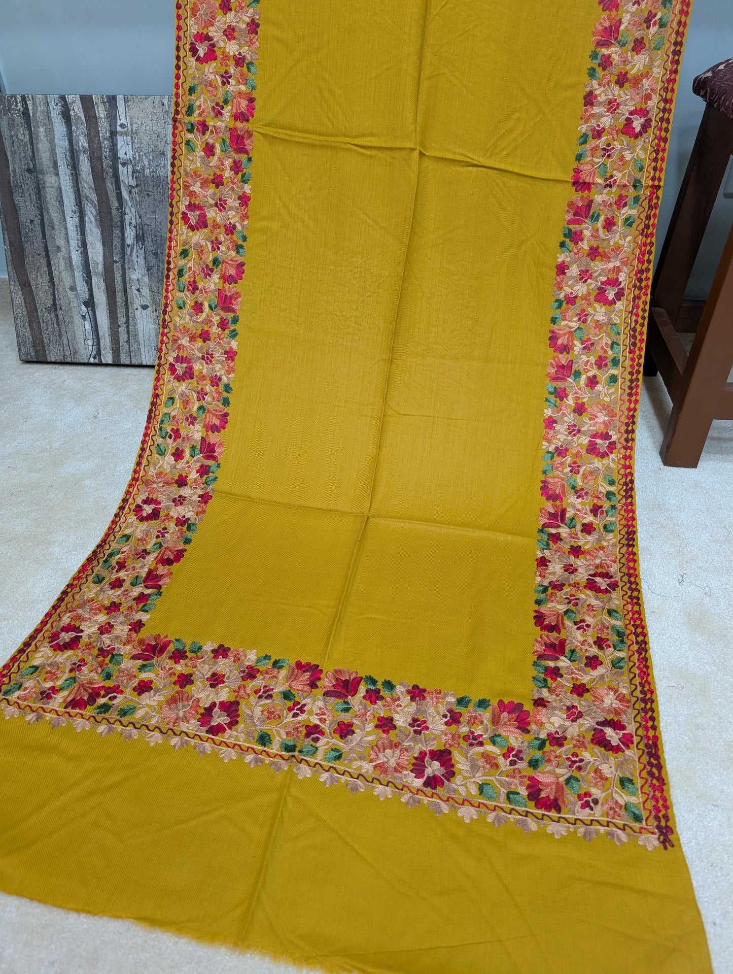 Pashmina Stole | Aari Border Embroidery 4 Side Border Perfect Gift | Mustard