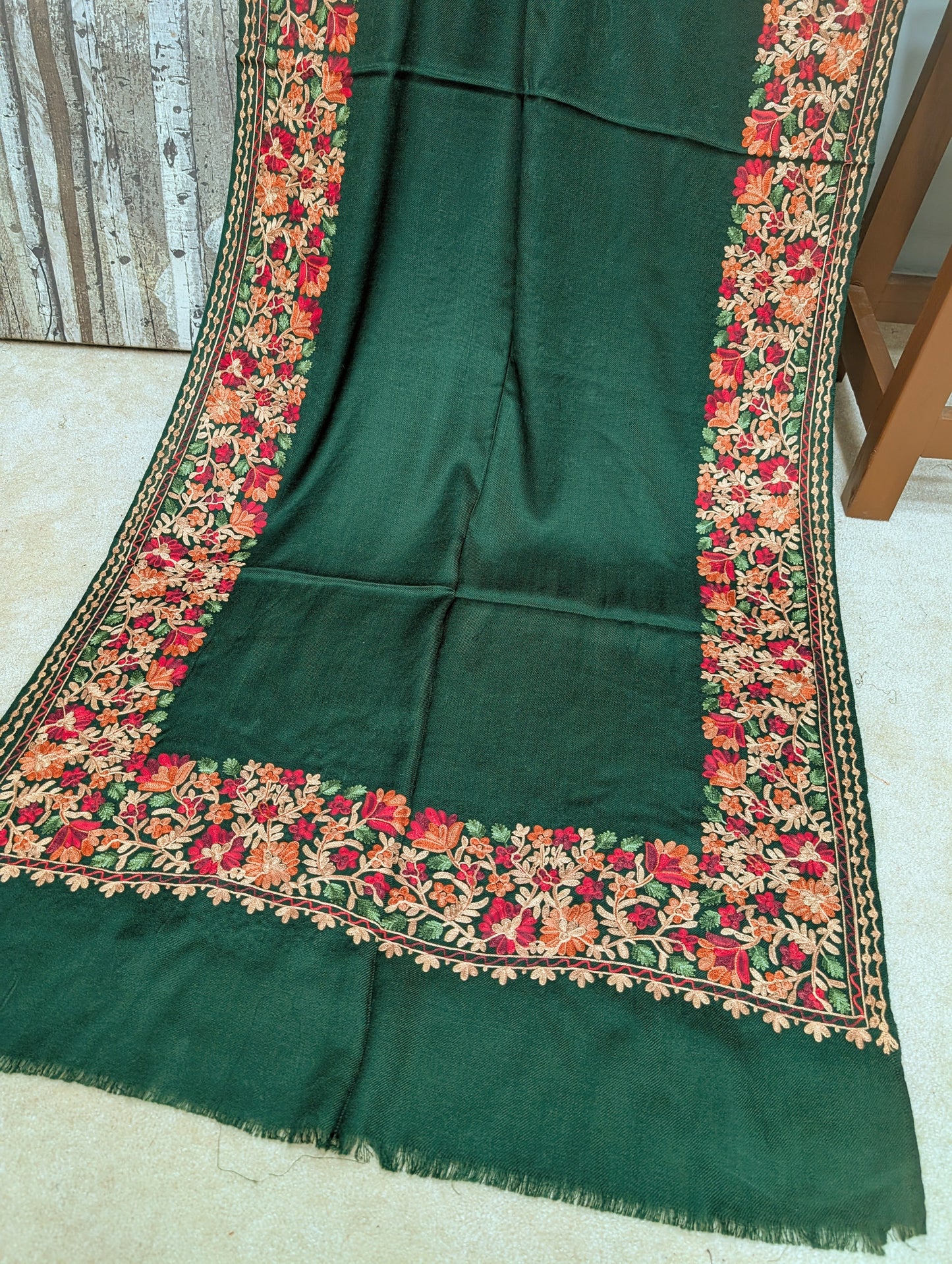 Pashmina Stole | Aari Border Embroidery 4 Side Border Perfect Gift | Dark Green