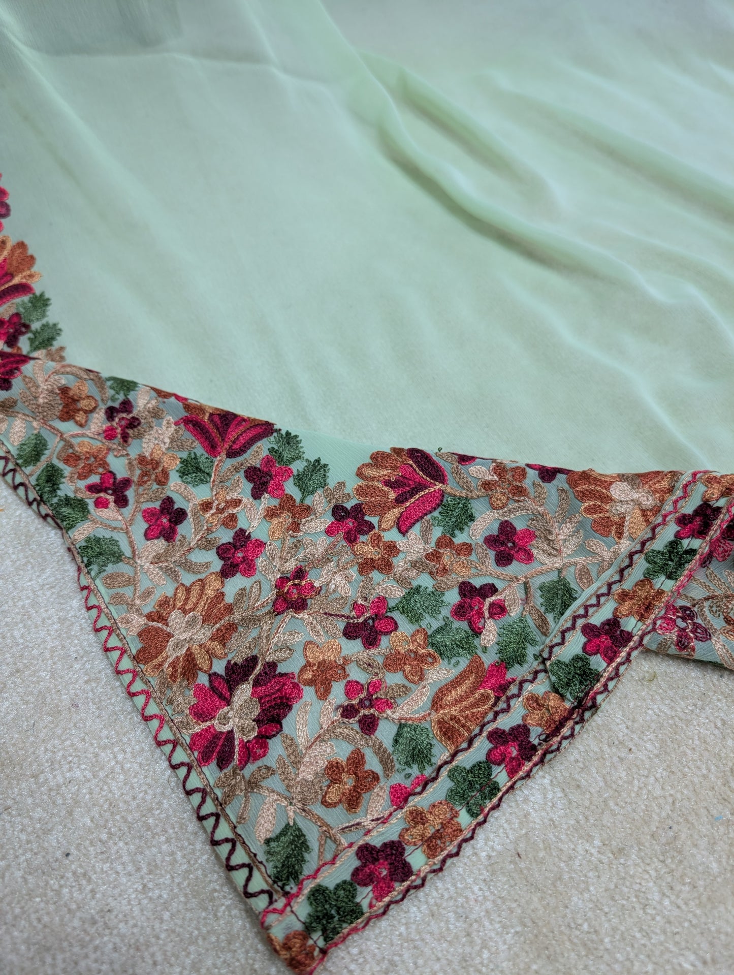 Crinkle Chiffon Kashmiri Border Embroidered Dupatta | Light Pista