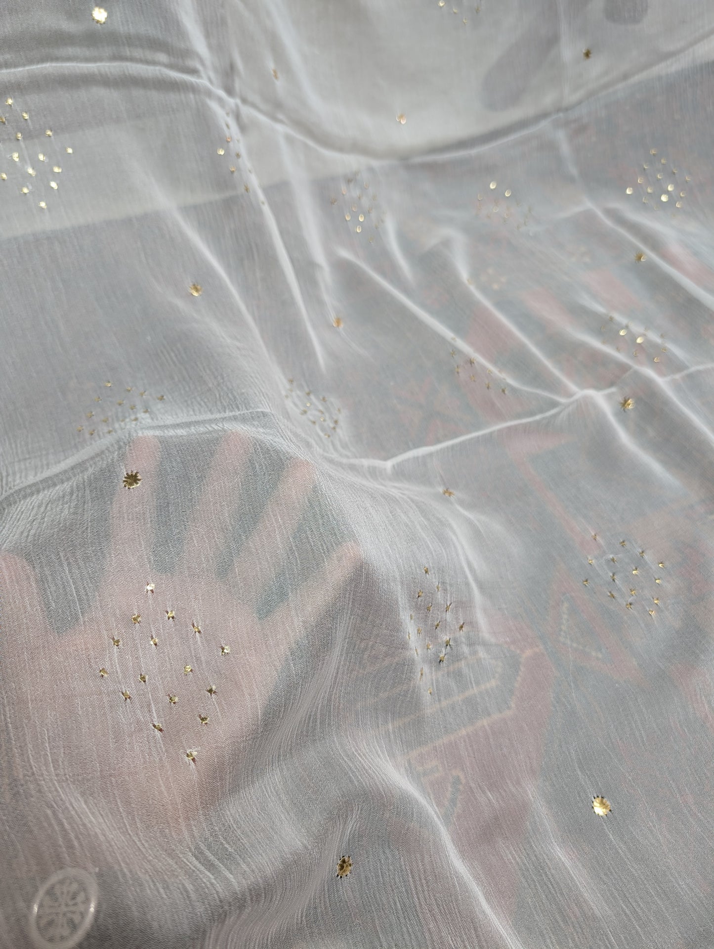 White Crinkle Chiffon Bindi Dupatta | Golden Bindi Mukesh Work Dyeable