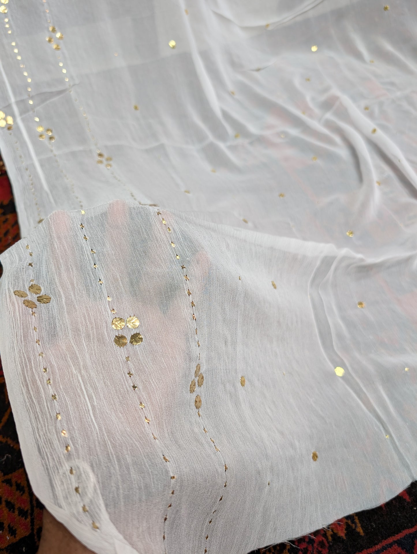 White Crinkle Chiffon Bindi Dupatta | Golden Big Mukesh Work Dyeable