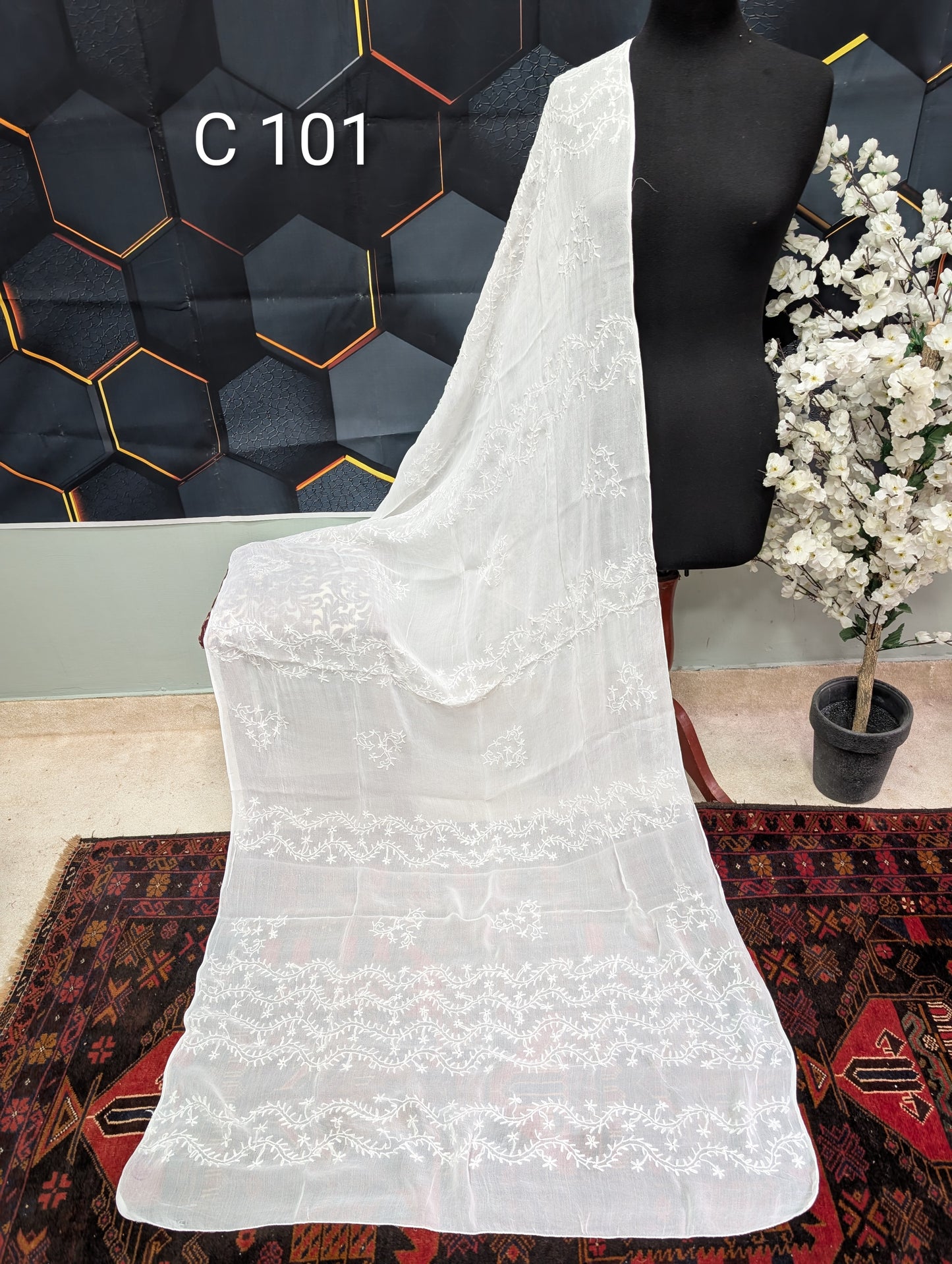 Handmade Chiffon Hand Embroidered Dupatta White | C101