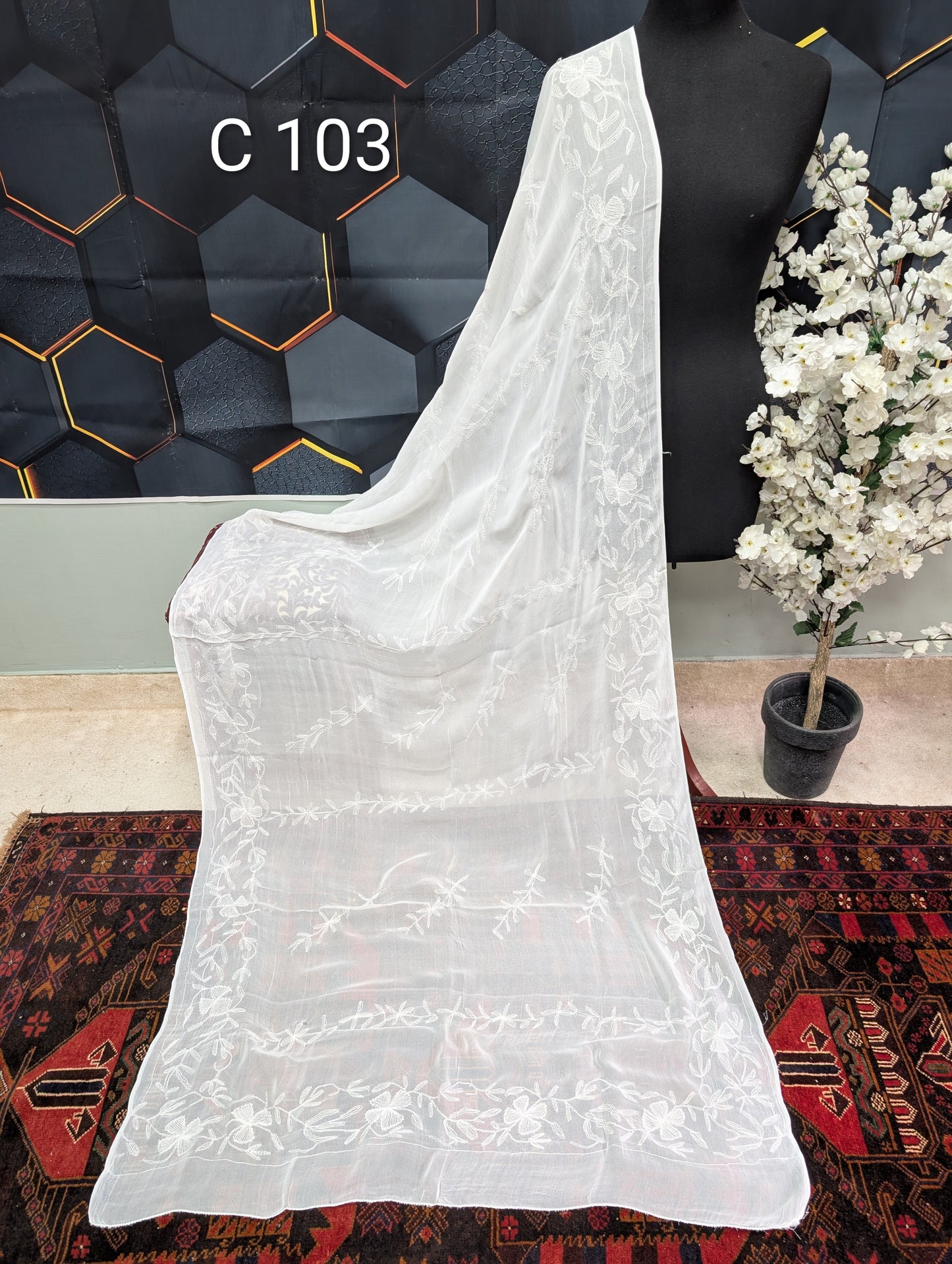 Handmade Chiffon Hand Embroidered Dupatta White | C103