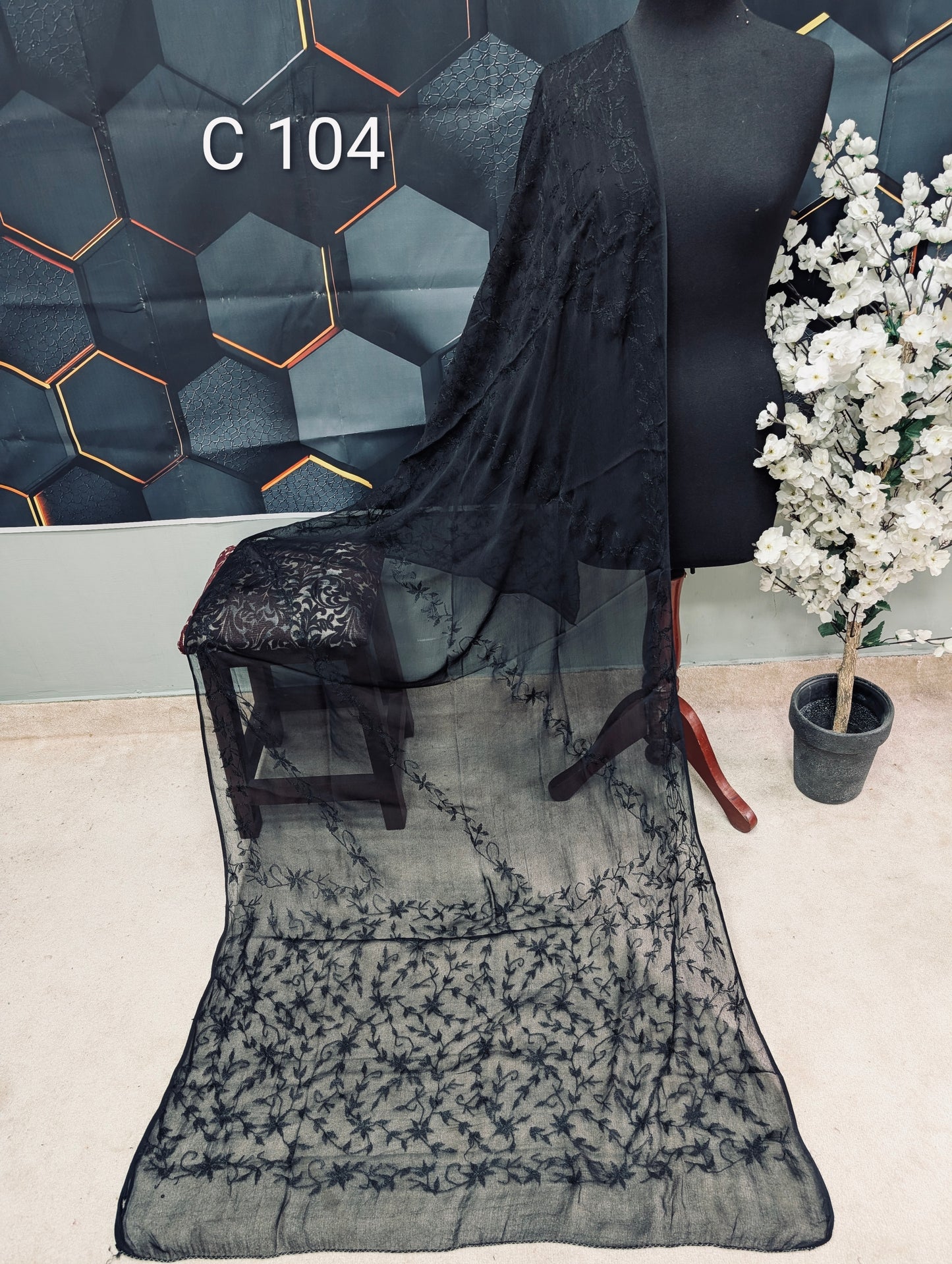 Handmade Chiffon Hand Embroidered Dupatta Black | C104