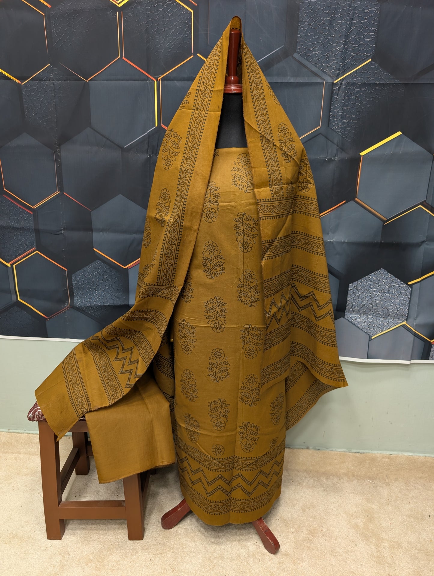 Hand Block Print Lawn 3 Piece Suit Ajrak Style Pure Lawn | Dark Mehndi