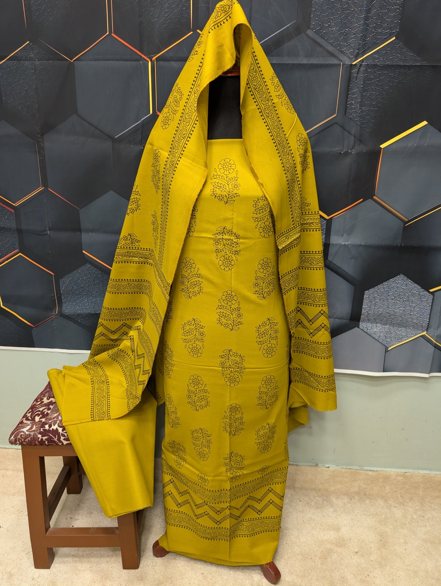 Hand Block Print Lawn 3 Piece Suit Ajrak Style Pure Lawn | Mehndi Green
