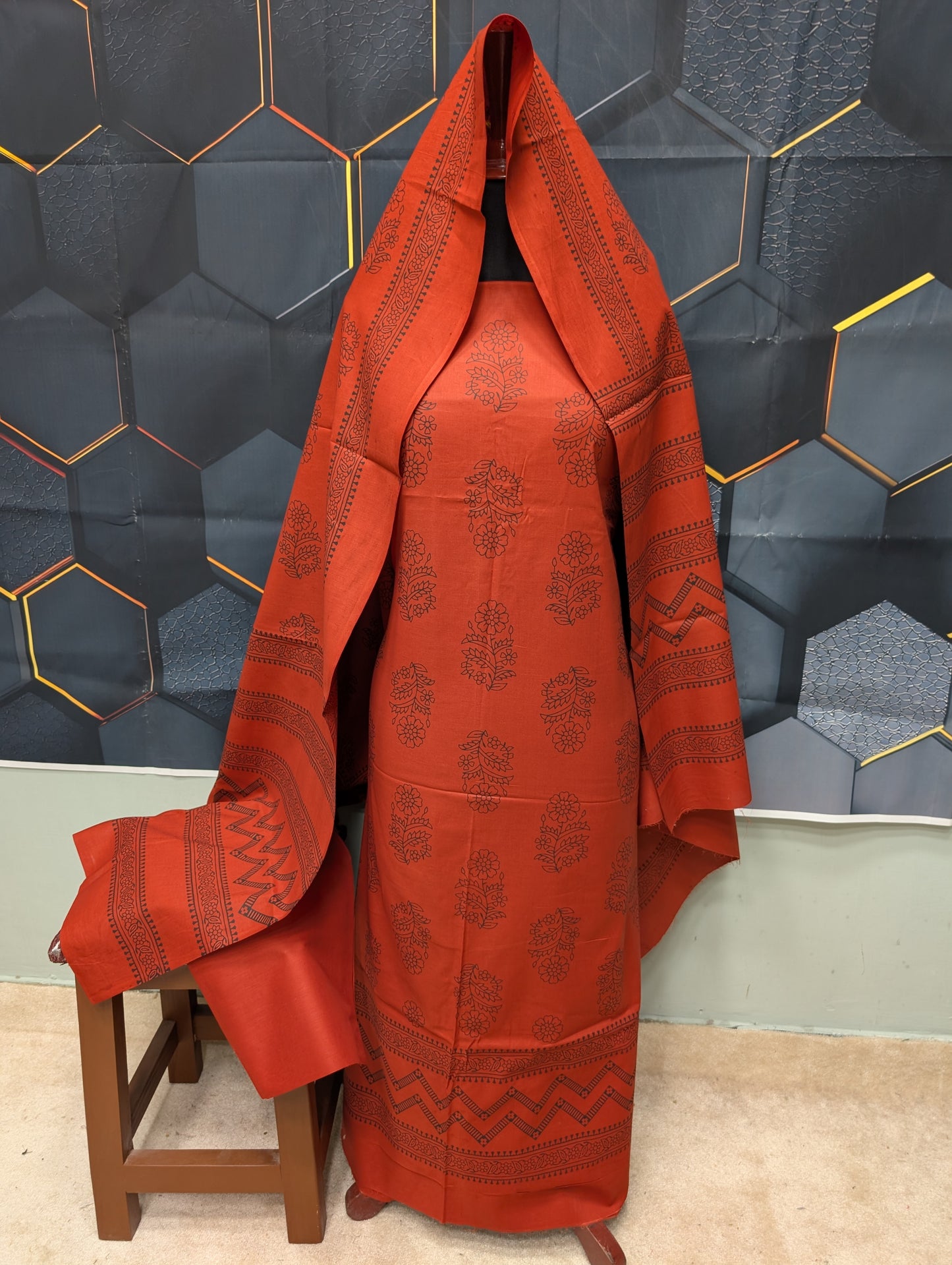 Hand Block Print Lawn 3 Piece Suit Ajrak Style Pure Lawn | Dark Rust