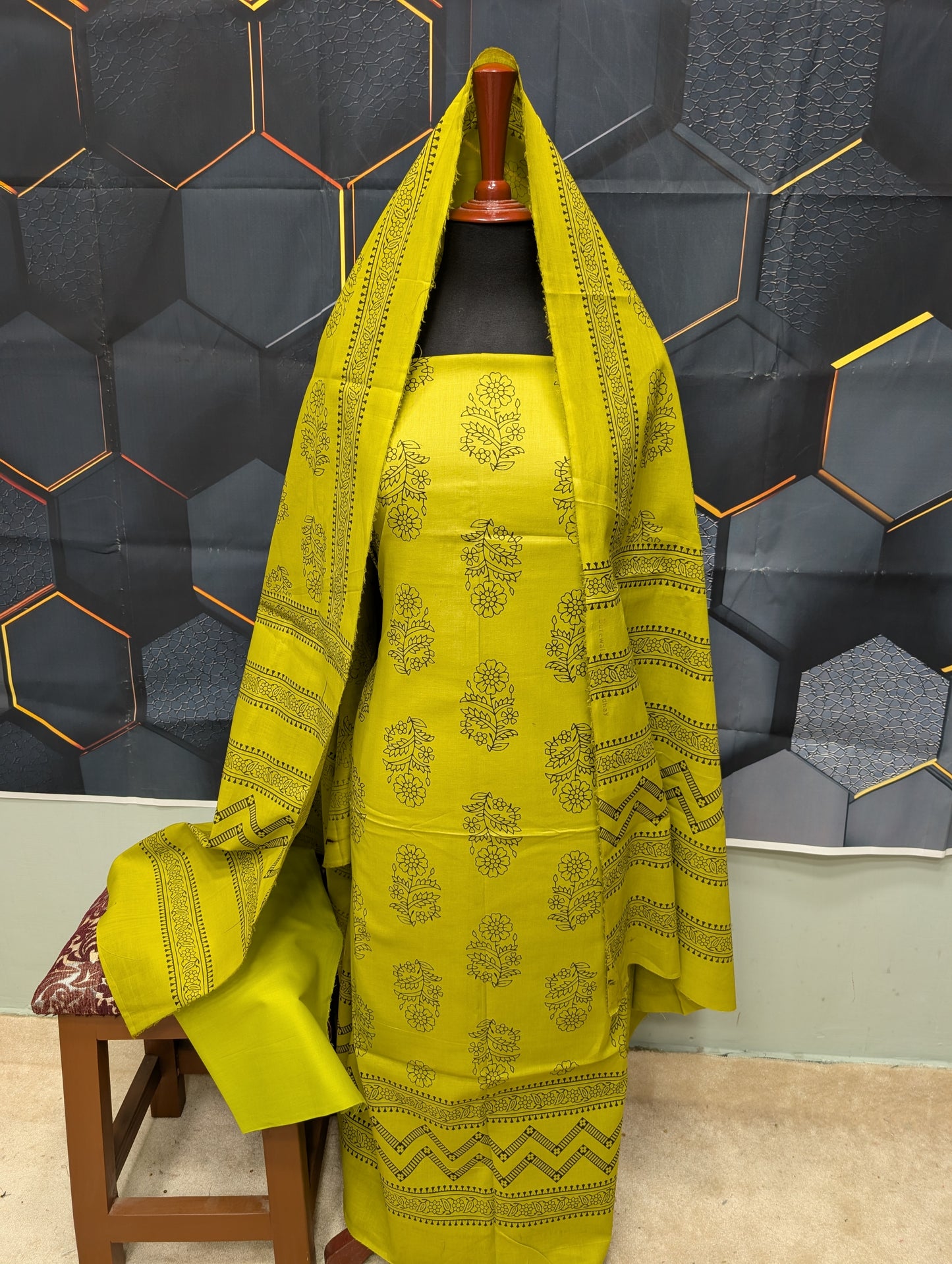 Hand Block Print Lawn 3 Piece Suit Ajrak Style Pure Lawn | Pear Green