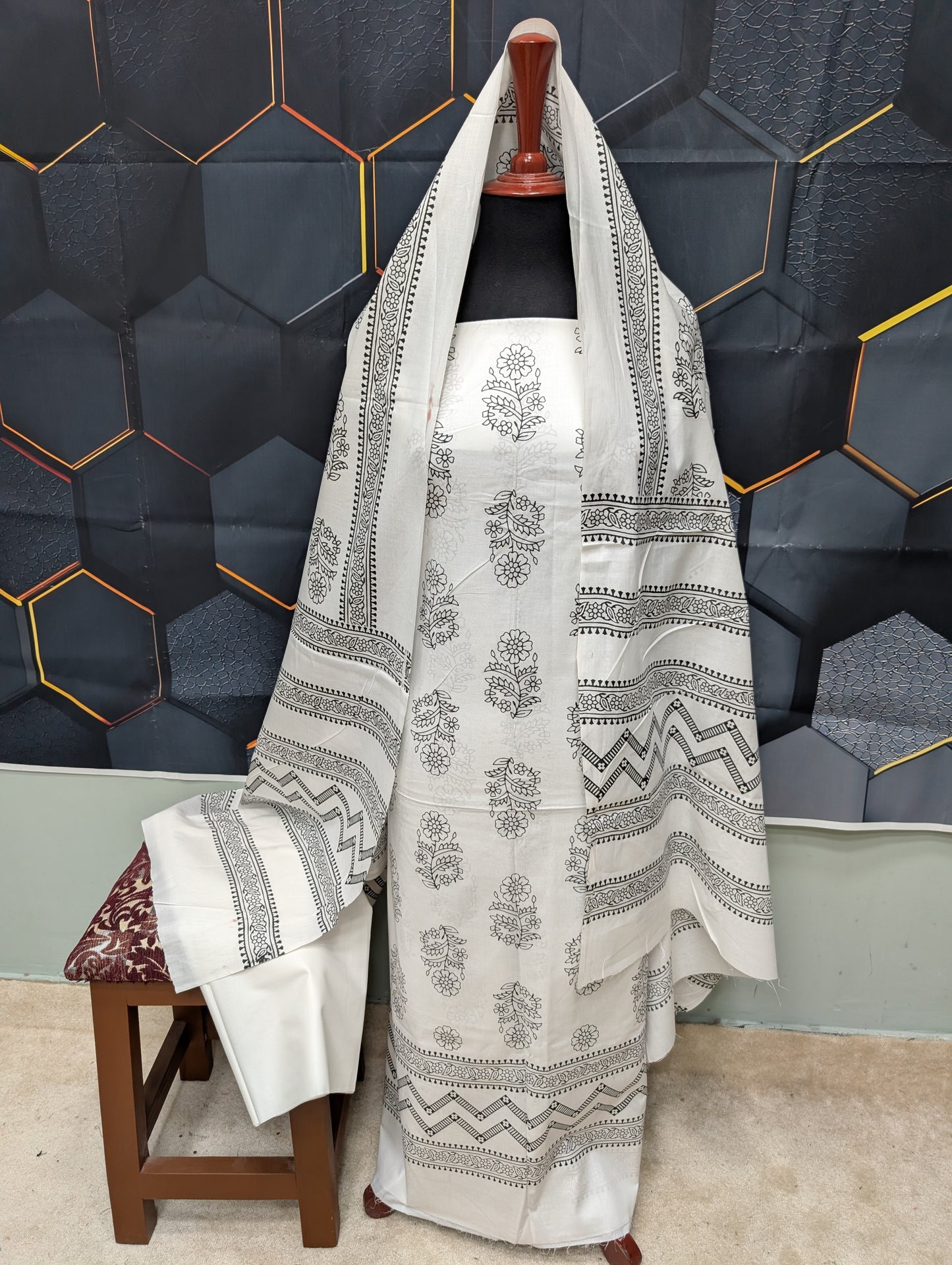 Hand Block Print Lawn 3 Piece Suit Ajrak Style Pure Lawn | White