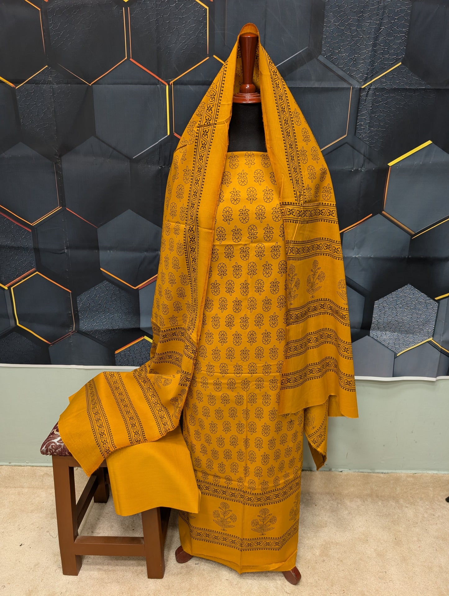 Hand Block Print Lawn 3 Piece Suit Ajrak Style Pure Lawn | Mustard