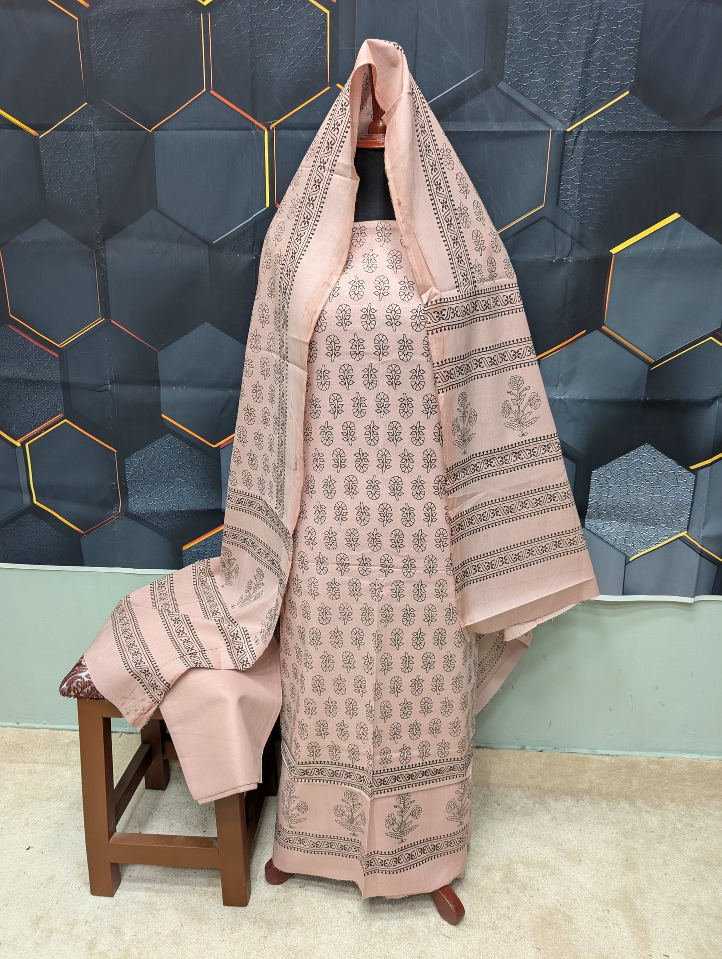 Hand Block Print Lawn 3 Piece Suit Ajrak Style Pure Lawn | Light Pink