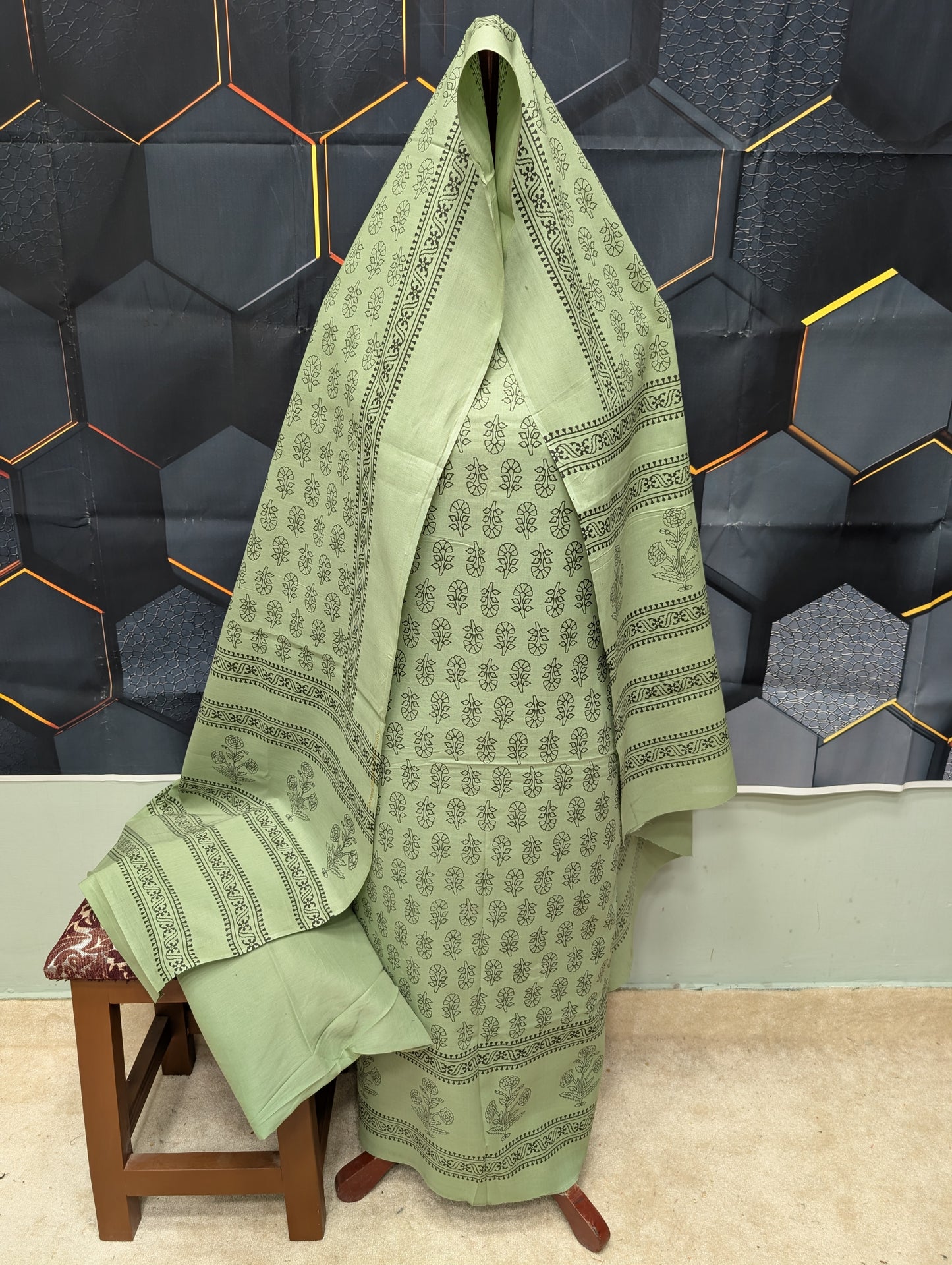 Hand Block Print Lawn 3 Piece Suit Ajrak Style Pure Lawn | Pista Green