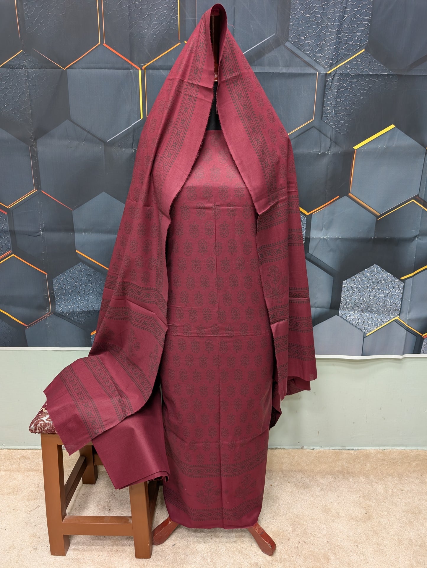 Hand Block Print Lawn 3 Piece Suit Ajrak Style Pure Lawn | Dark Maroon