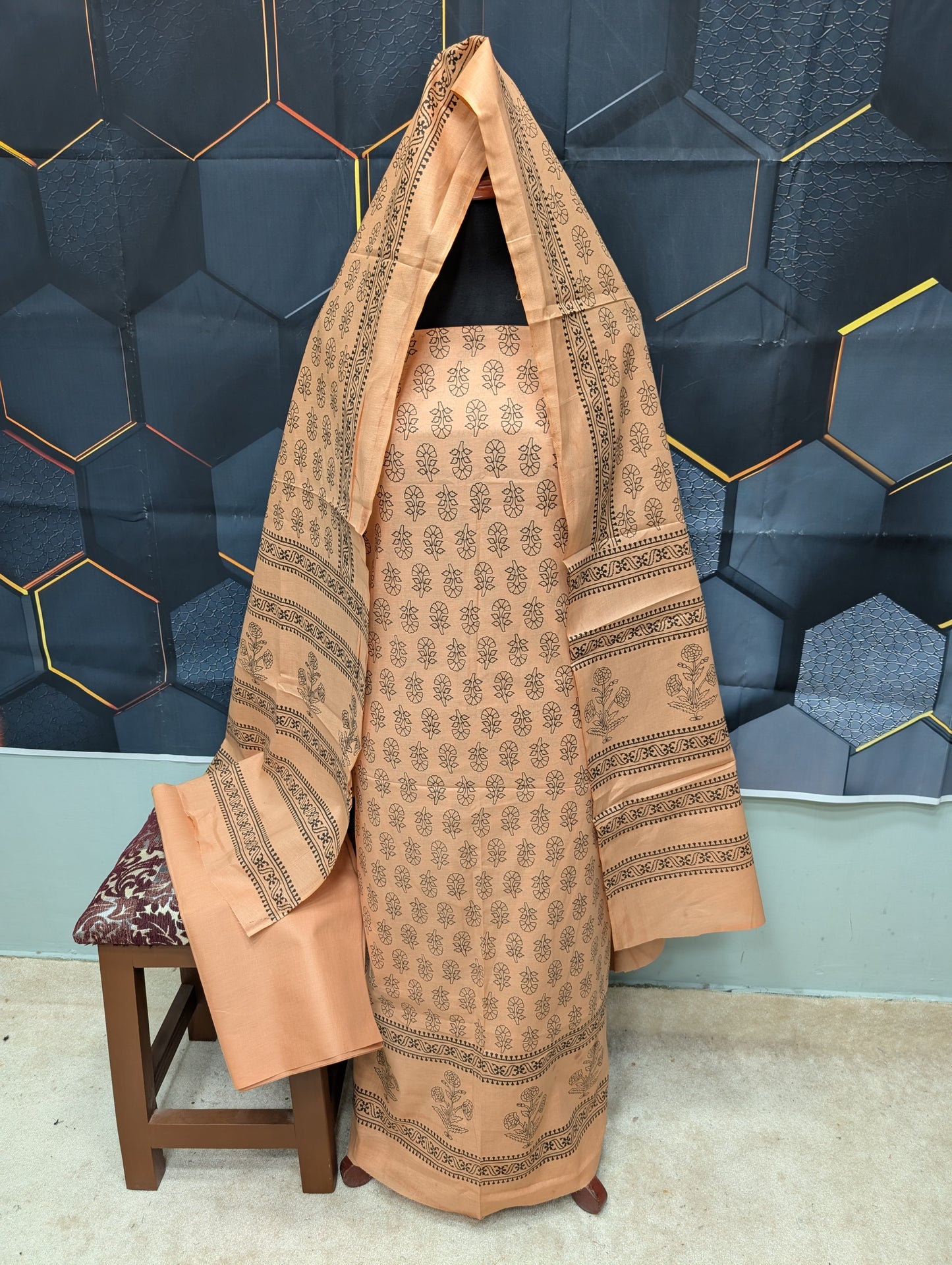 Hand Block Print Lawn 3 Piece Suit Ajrak Style Pure Lawn | Peach