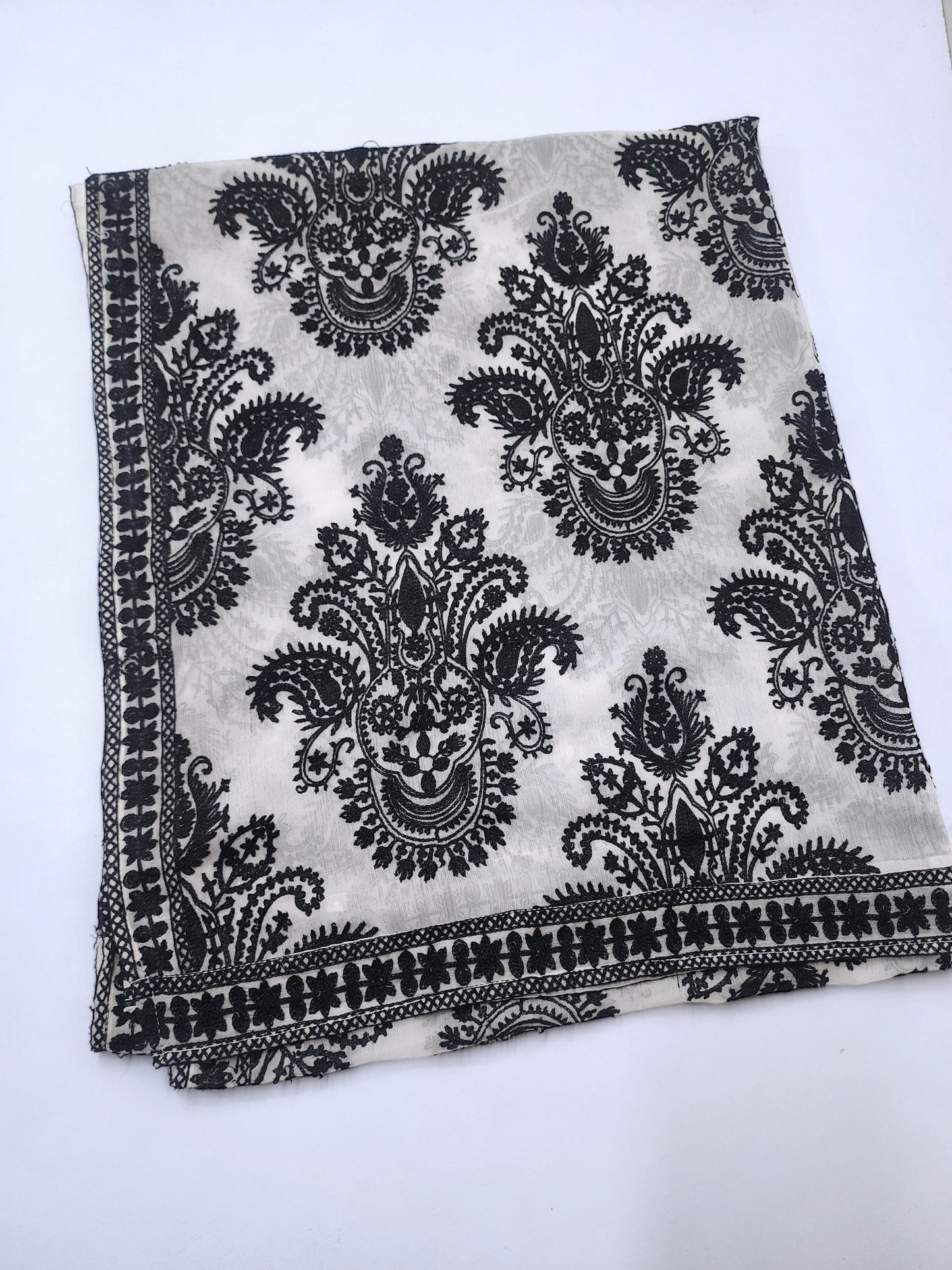 Crinkle Chiffon Embroidered Dupatta | White with Black