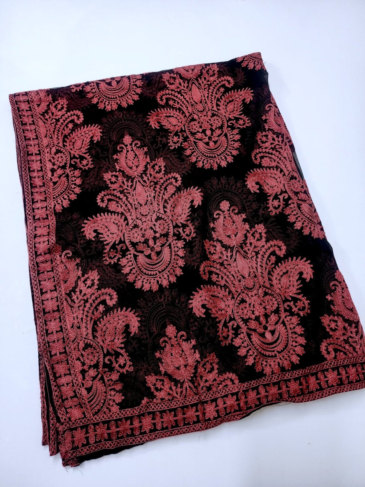 Crinkle Chiffon Embroidered Dupatta | Black with Maroon