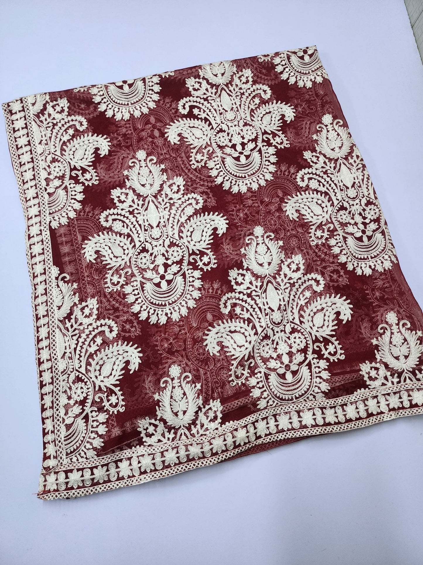 Crinkle Chiffon Embroidered Dupatta | Maroon with White