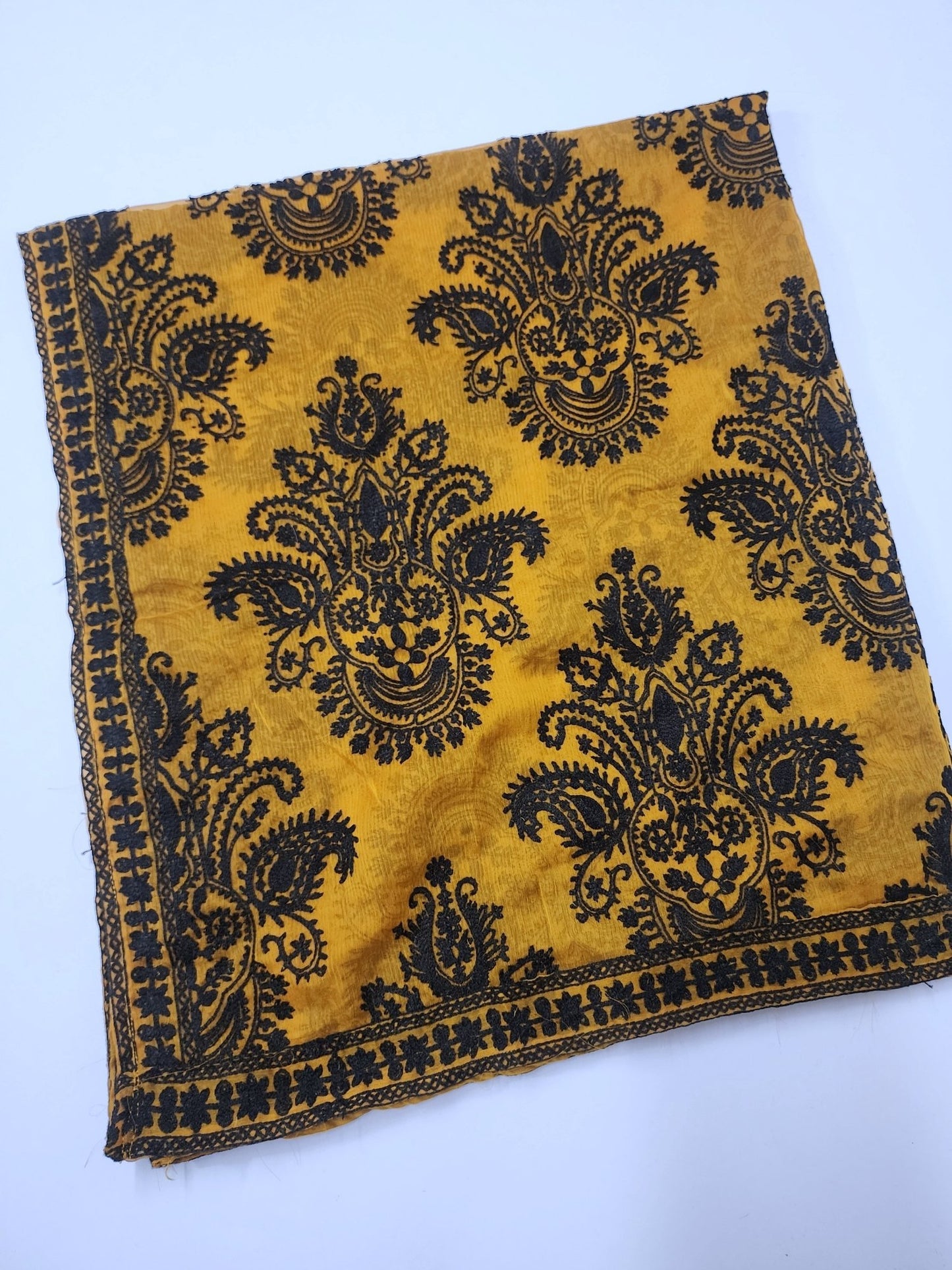 Crinkle Chiffon Embroidered Dupatta | Mustard with Black