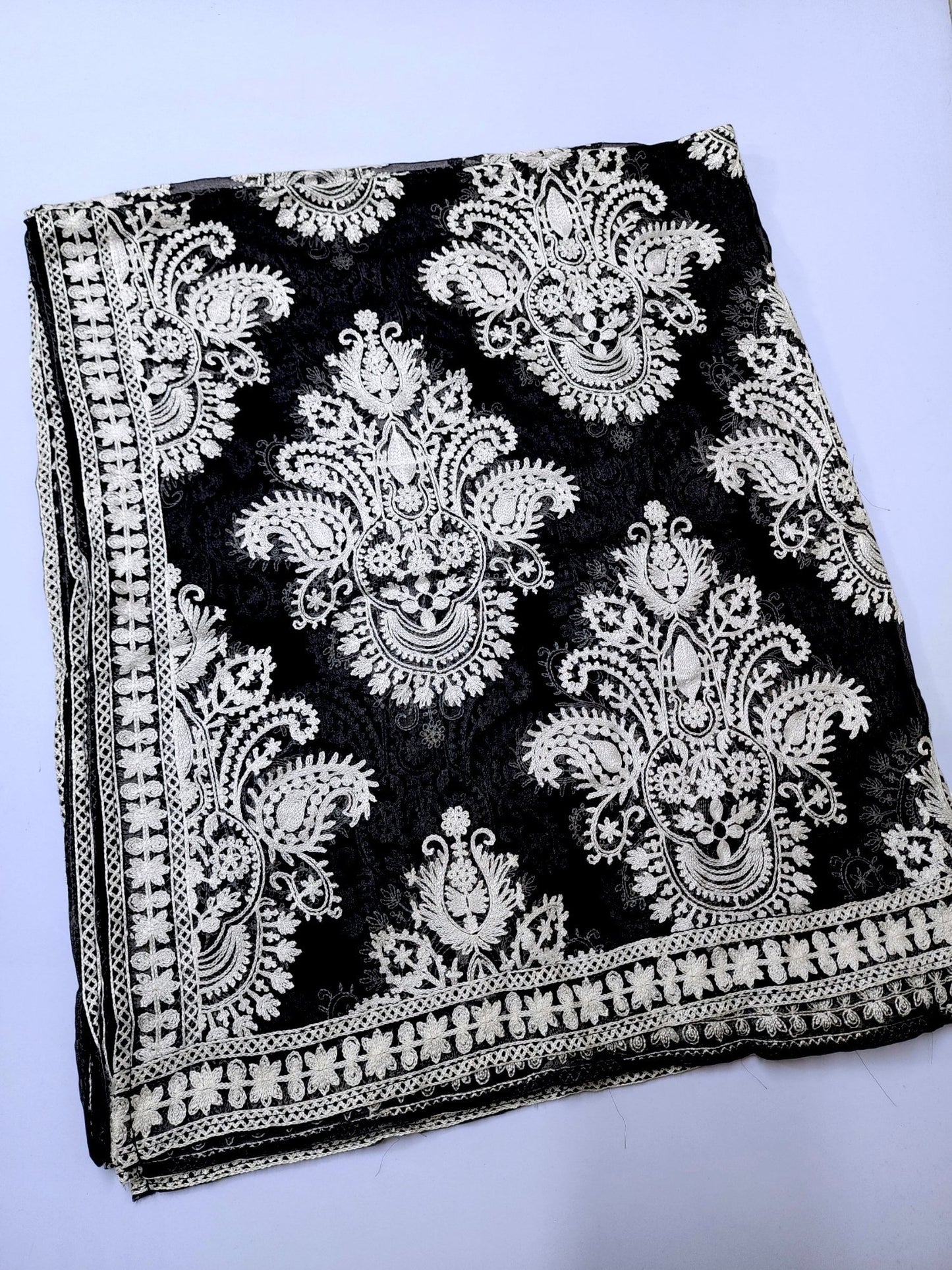 Crinkle Chiffon Embroidered Dupatta | Black With White