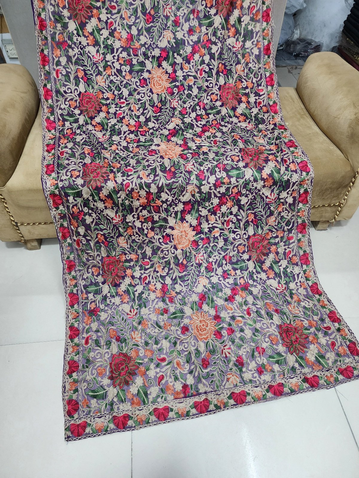 Crinkle Chiffon Aari Embroidered Dupatta Multi Color | Purple