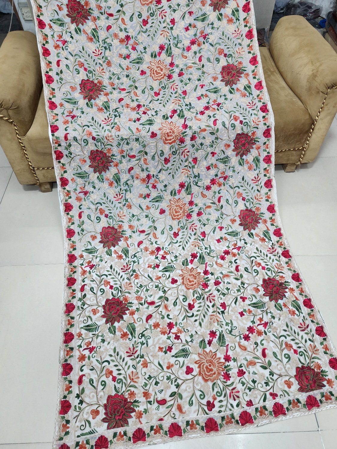 Crinkle Chiffon Aari Embroidered Dupatta Multi Color | White