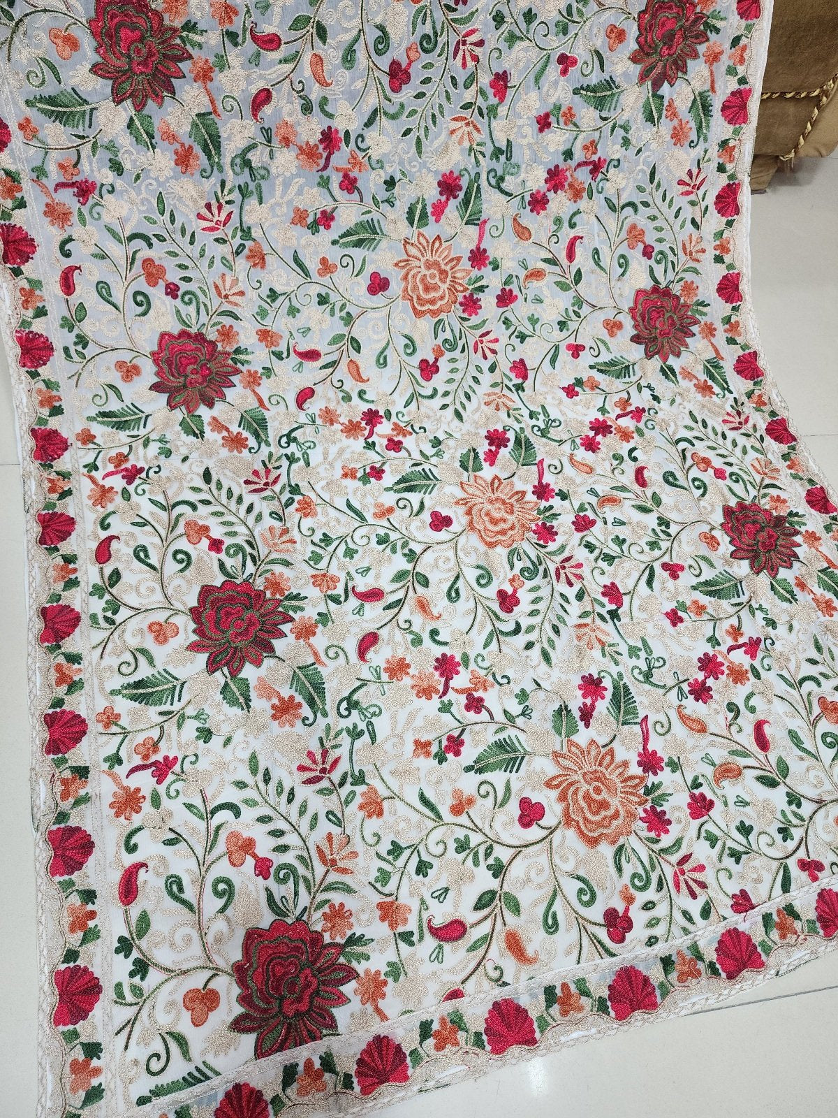 Crinkle Chiffon Aari Embroidered Dupatta Multi Color | White
