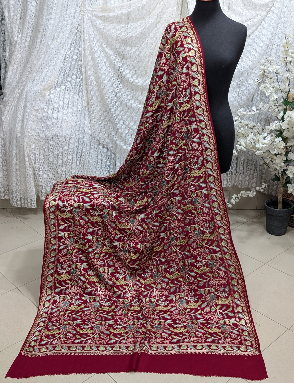 Kashmiri Jaal Shawl | Full Embroidered Shawl Resham Work Aar Embroidery | Maroon