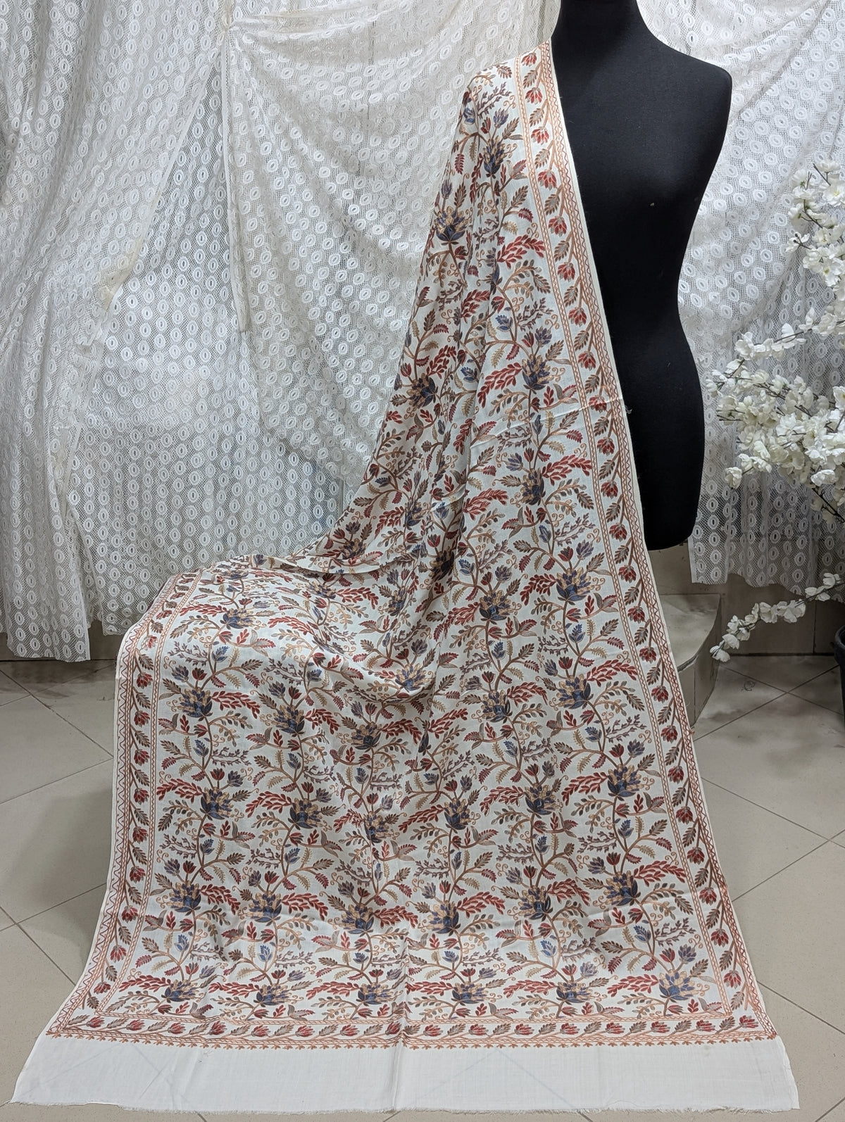 Kashmiri Jaal Shawl | Full Embroidered Shawl Resham Work Aar Embroidery | Off White