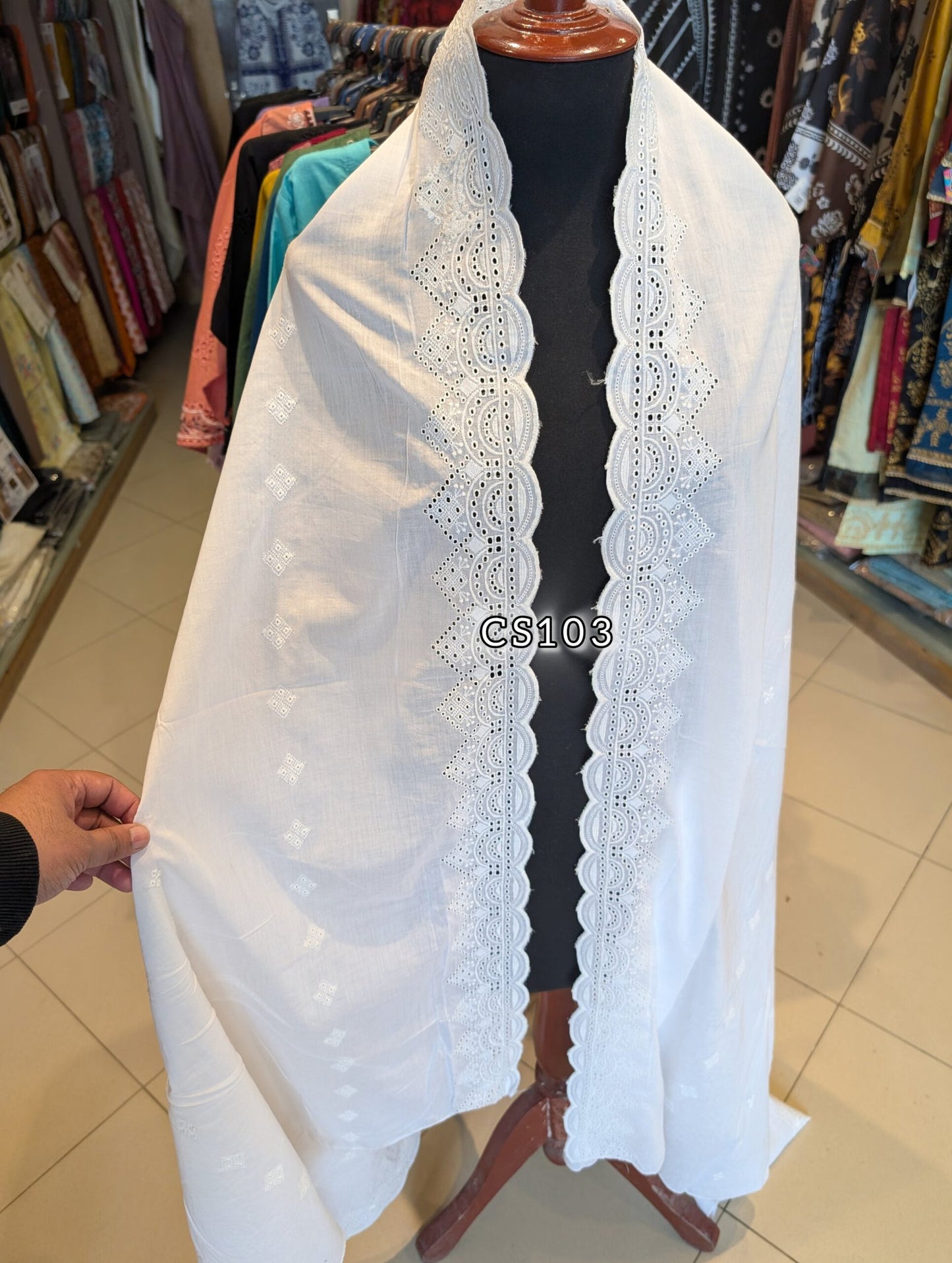 Chikankari Lawn Shawl on Pure Lawn Full Size Cutwork Border | CS103
