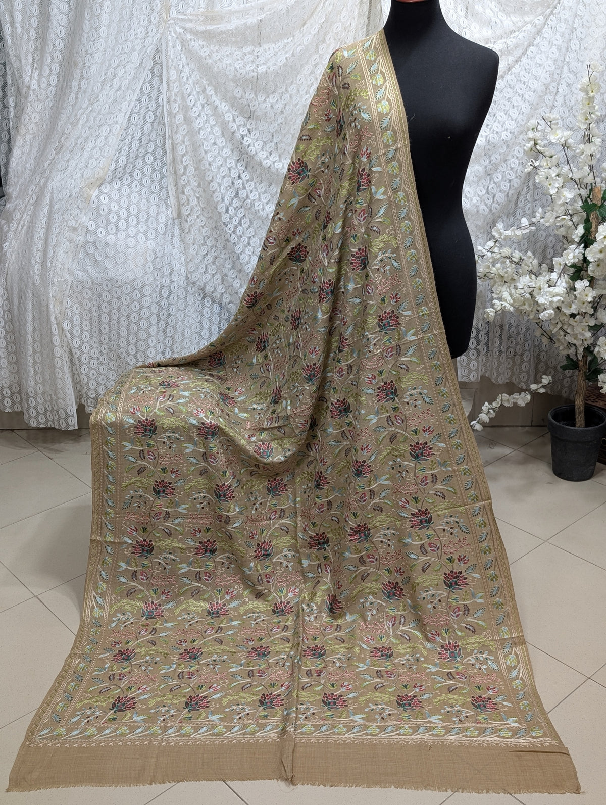 Kashmiri Jaal Shawl | Full Embroidered Shawl Resham Work Aar Embroidery | Skin